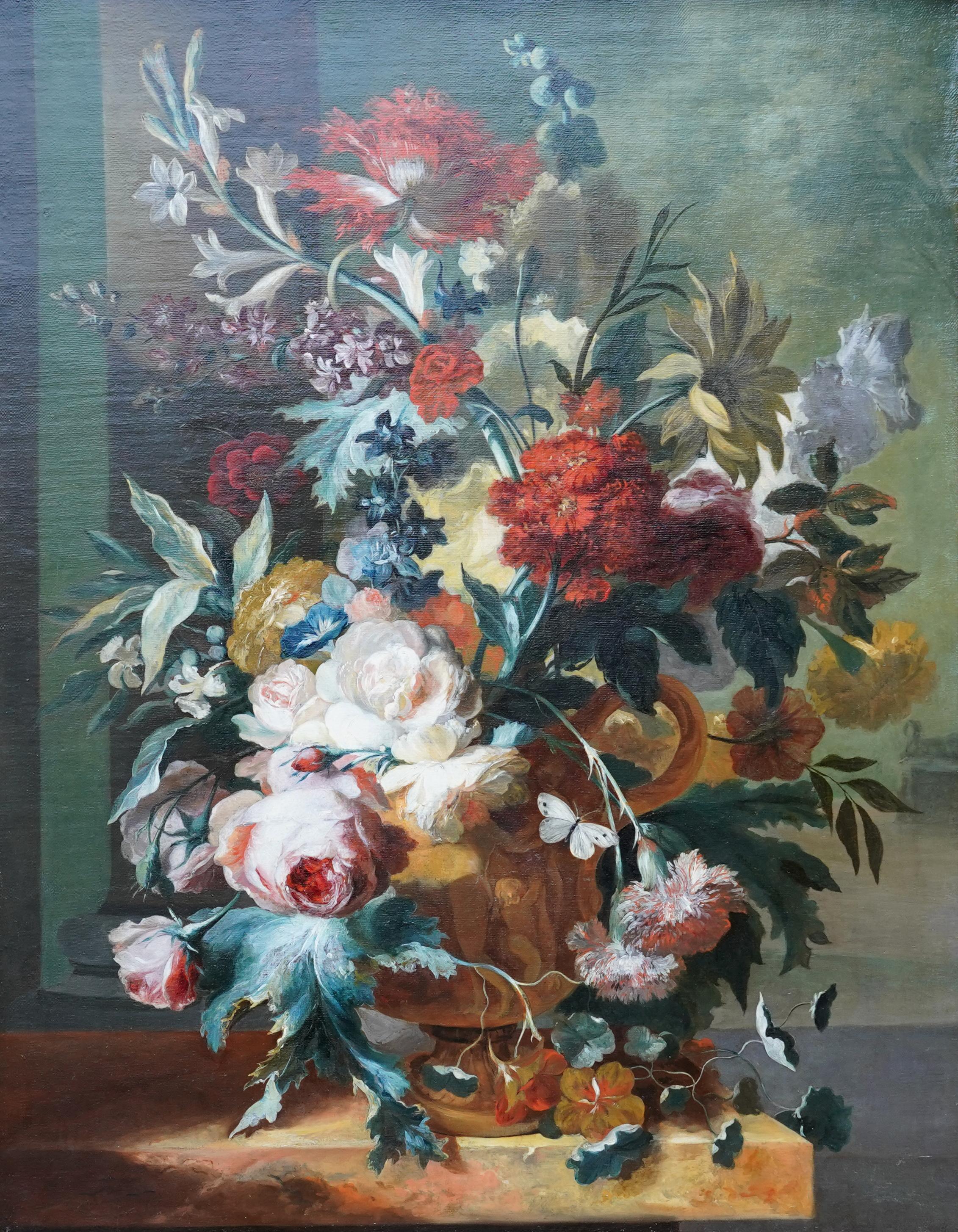 Flowers in Vase on Ledge - Dutch 18thC Old Master floral still life oil painting For Sale 11