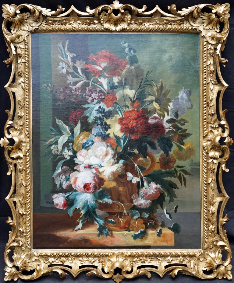 Flowers in Vase on Ledge - Dutch 18thC Old Master floral still life oil painting For Sale 13