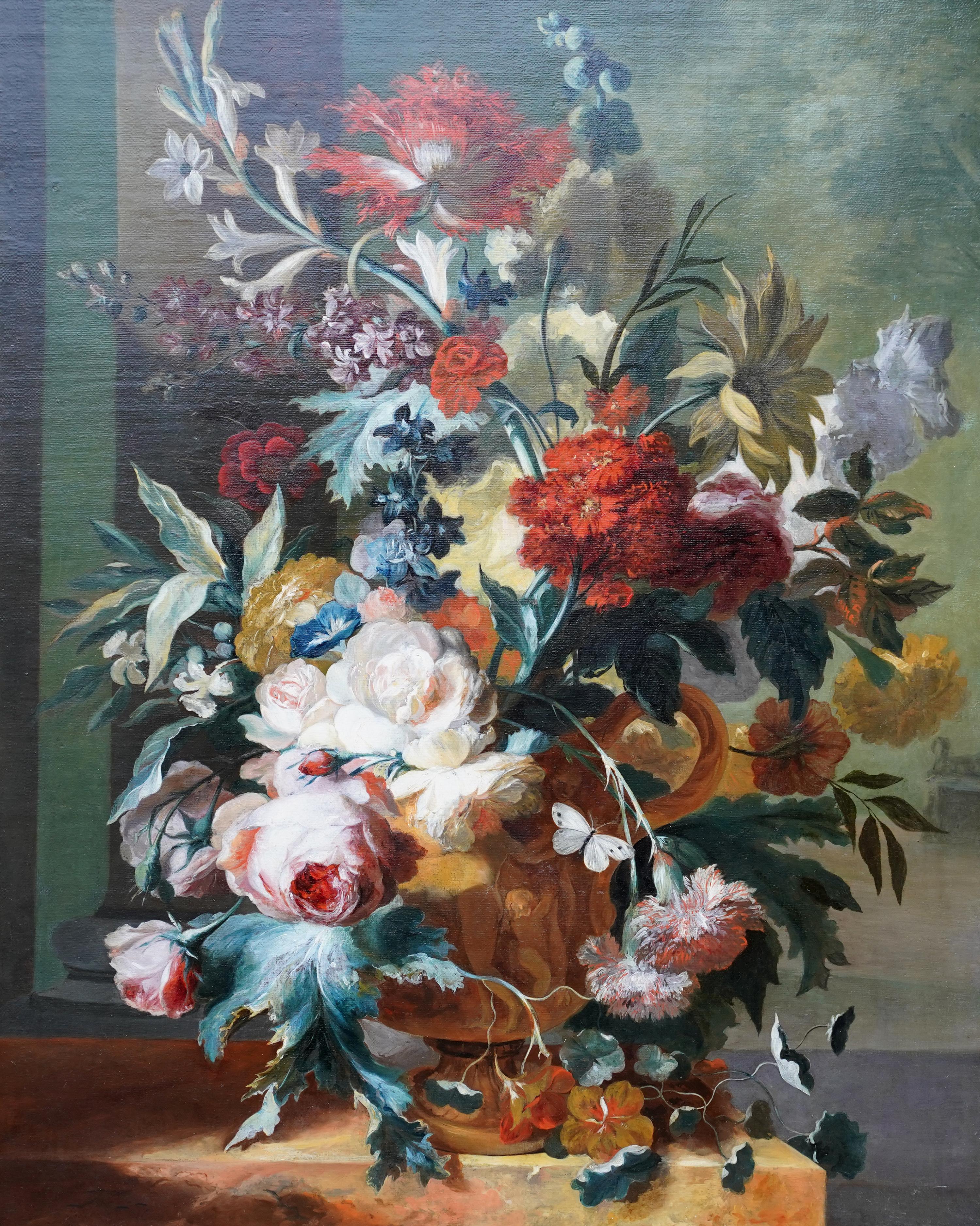 Blumen in Vase auf Ledge – niederländisches Blumenstillleben eines alten Meisters, Ölgemälde, 18. Jahrhundert (Alte Meister), Painting, von Margaretha Haverman
