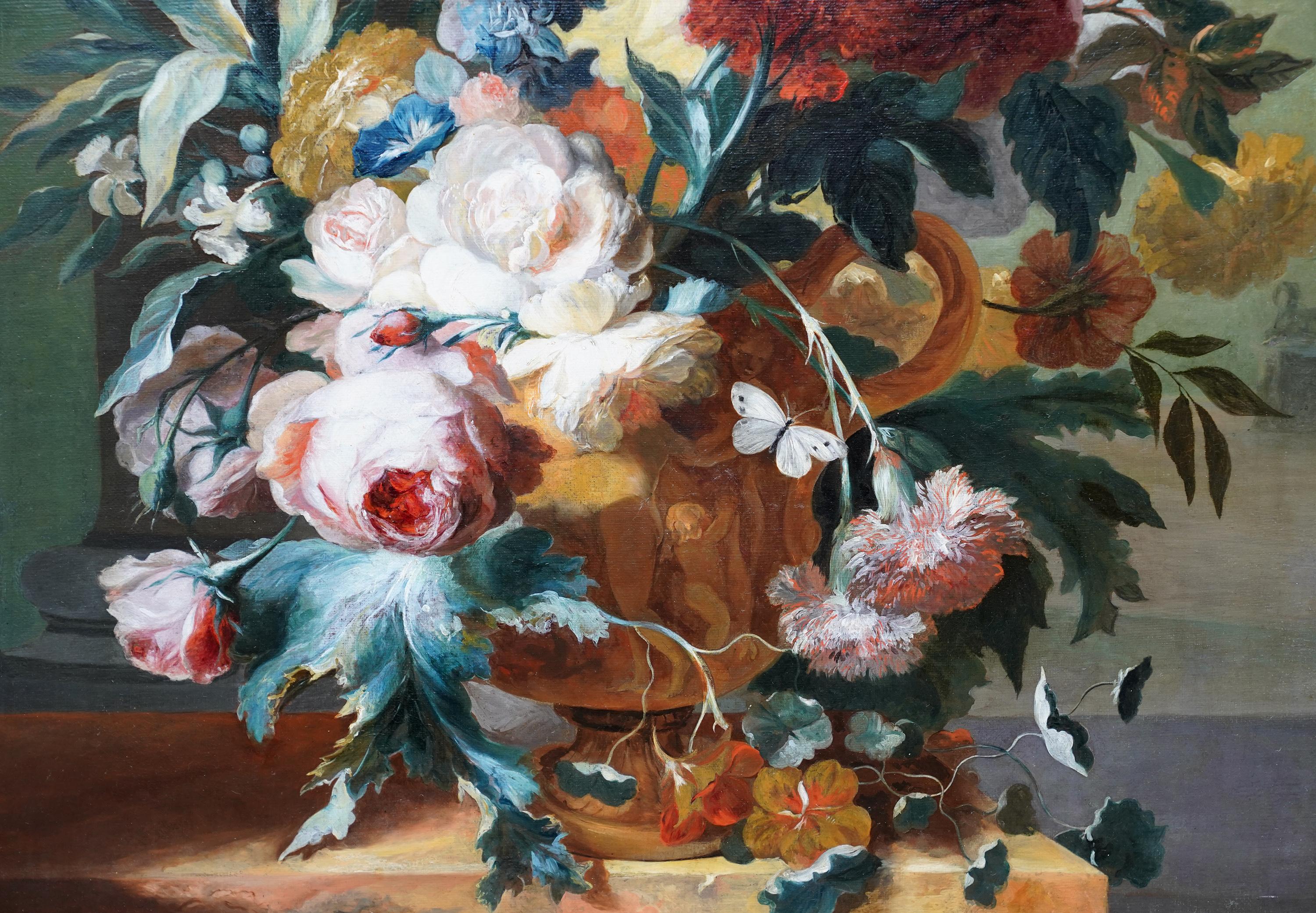 Fleurs dans un vase sur ledge - Peinture à l'huile de nature florale de maître néerlandais du 18ème siècle en vente 1