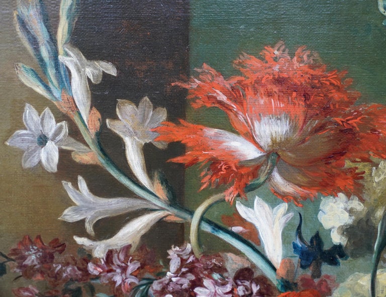 Flowers in Vase on Ledge - Dutch 18thC Old Master floral still life oil painting For Sale 3