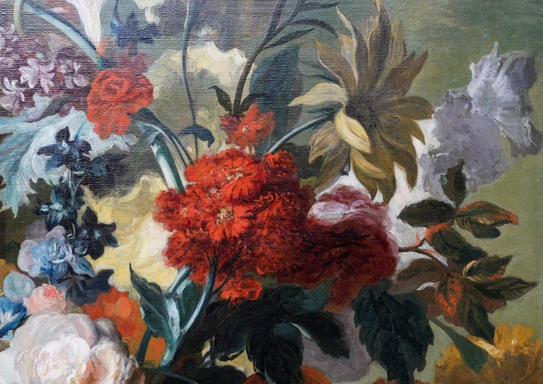 Flowers in Vase on Ledge - Dutch 18thC Old Master floral still life oil painting For Sale 4