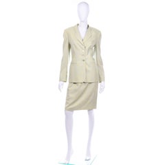 Margaretha Ley Escada Blue & Yellow Woven Silk & Wool Blend Skirt & Jacket Suit