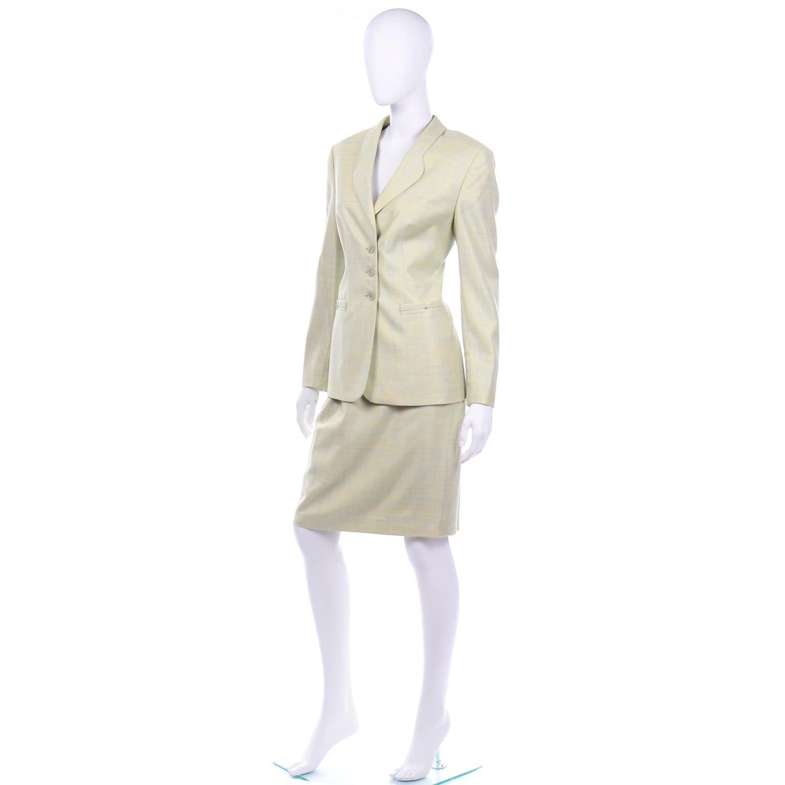 Beige Margaretha Ley Escada Blue & Yellow Woven Silk & Wool Blend Skirt & Jacket Suit For Sale