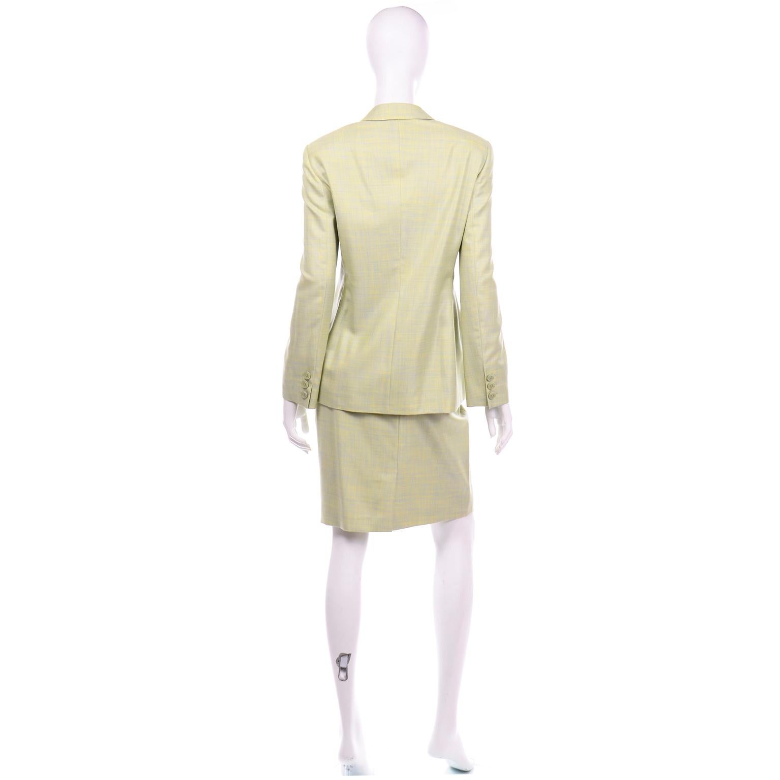 Margaretha Ley Escada Blue & Yellow Woven Silk & Wool Blend Skirt & Jacket Suit In Excellent Condition For Sale In Portland, OR
