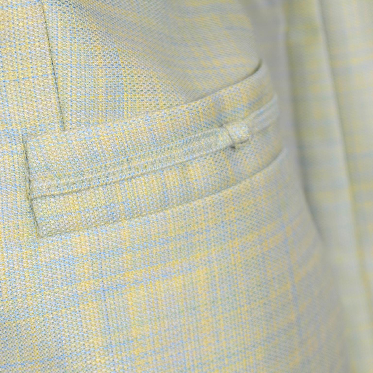 Women's Margaretha Ley Escada Blue & Yellow Woven Silk & Wool Blend Skirt & Jacket Suit For Sale