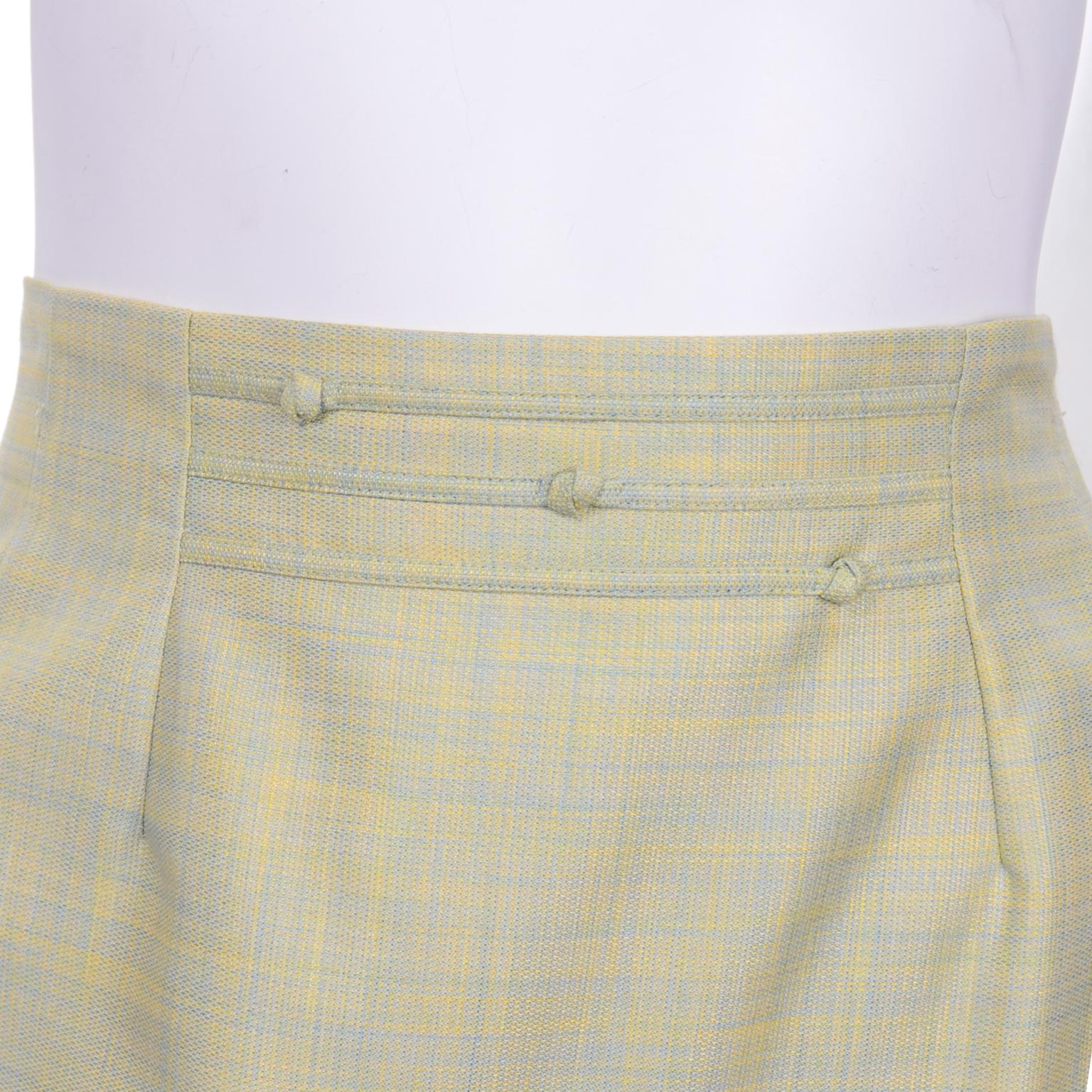 Margaretha Ley Escada Blue & Yellow Woven Silk & Wool Blend Skirt & Jacket Suit For Sale 3