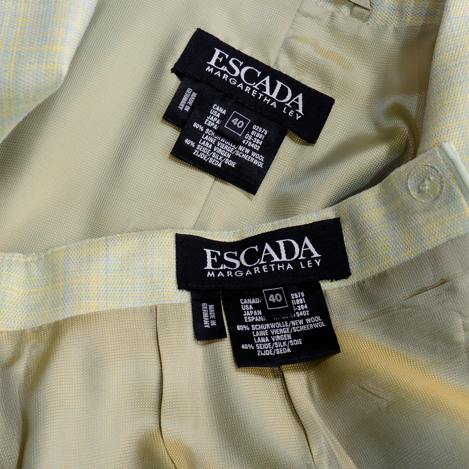 Margaretha Ley Escada Blue & Yellow Woven Silk & Wool Blend Skirt & Jacket Suit For Sale 4