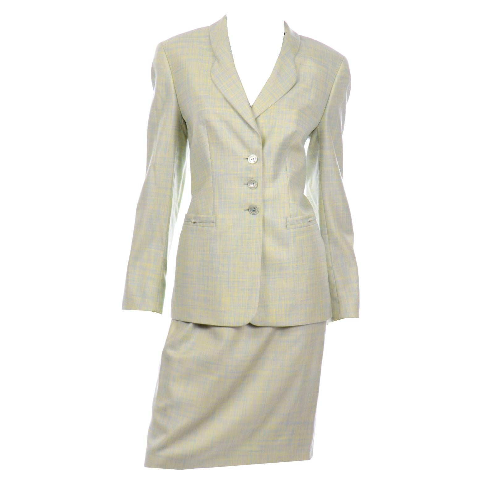 Margaretha Ley Escada Blue & Yellow Woven Silk & Wool Blend Skirt & Jacket Suit For Sale