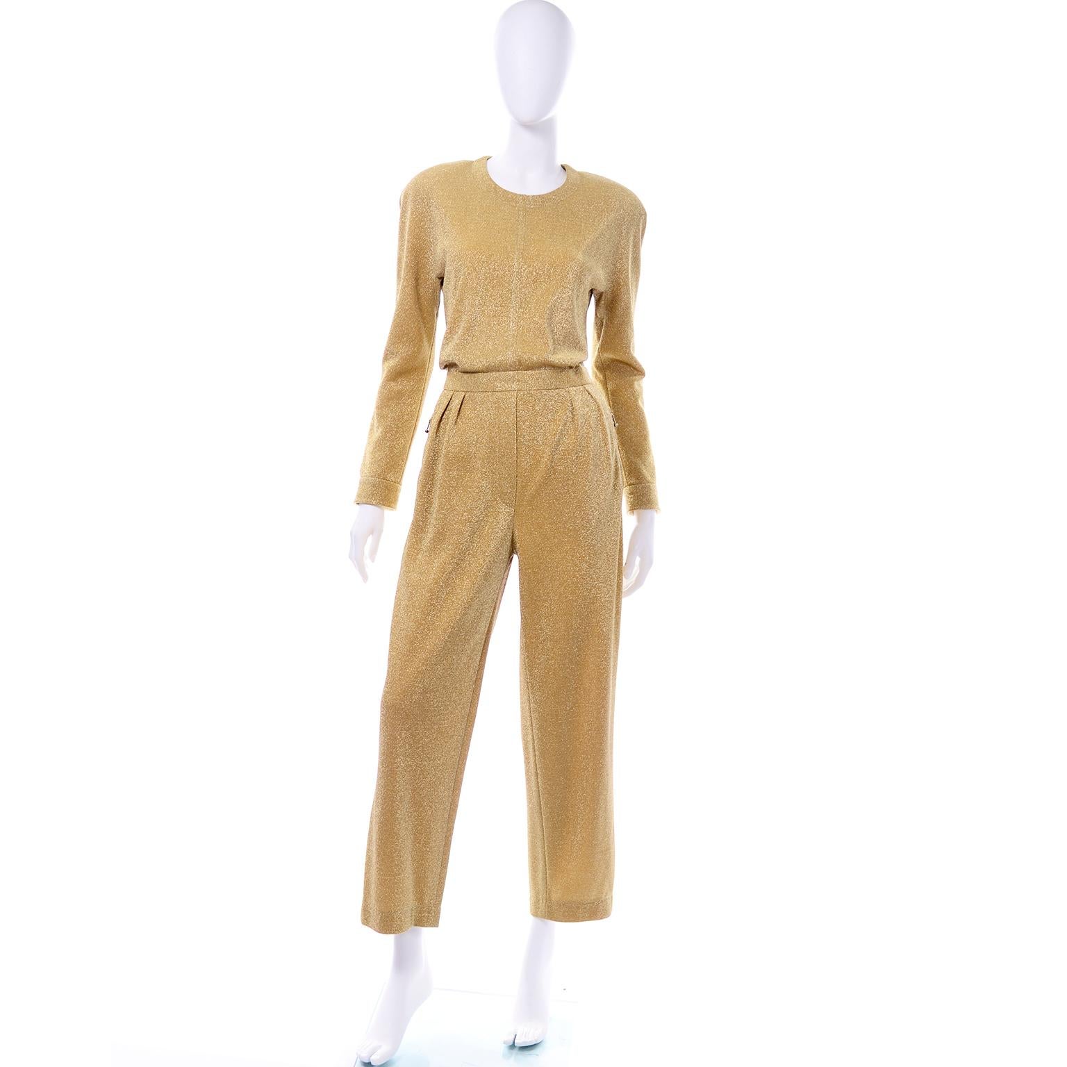 This jumpsuit gives us yet  another reason to love Margaretha Ley vintage pieces for Escada! This Escada jumpsuit would be  absolutely amazing for any holiday evening party as an evening dress alternative! The gold lurex shimmer gives this jumpsuit