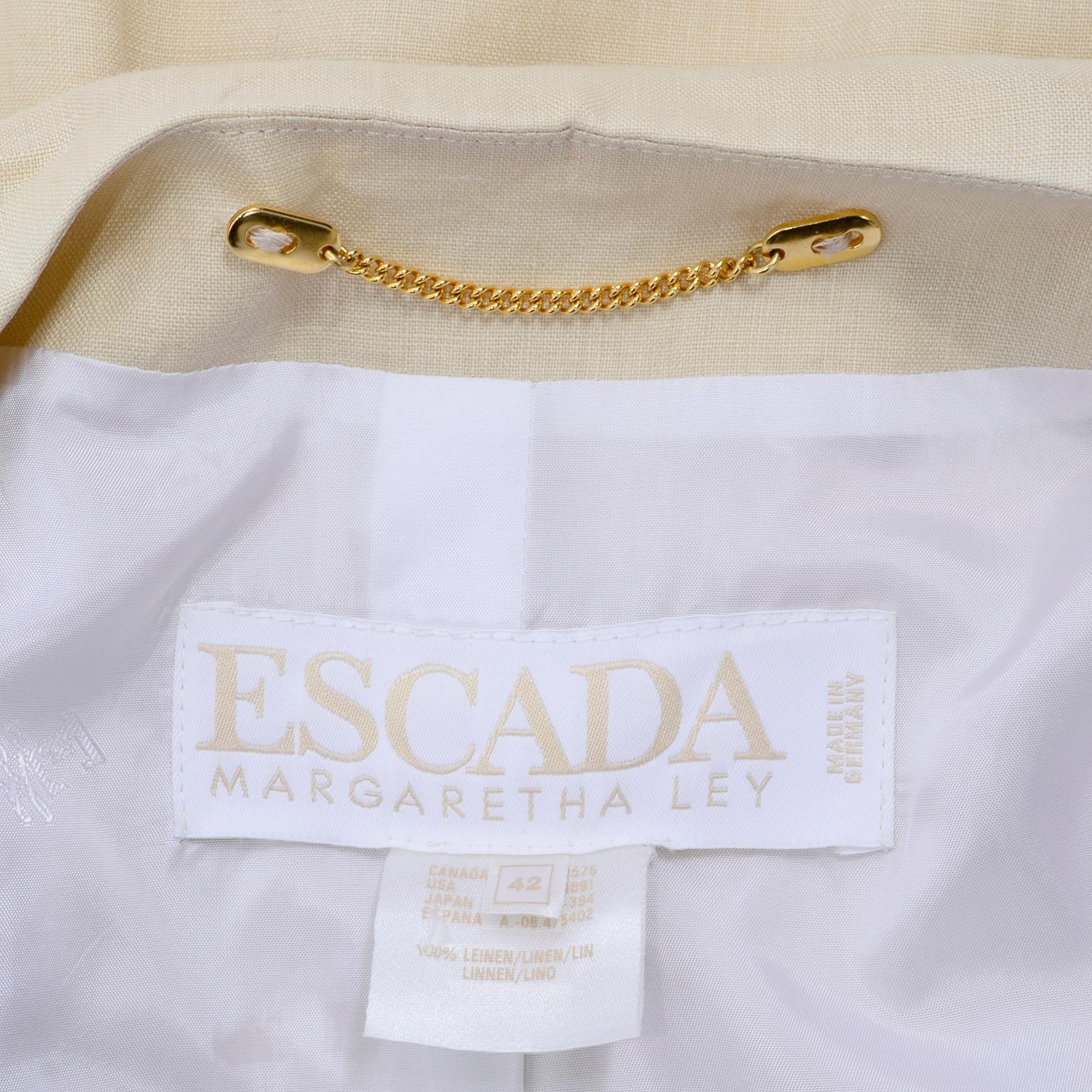 Margaretha Ley Vintage Escada Linen Blazer Jacket with White Trim & Gold Buttons 2