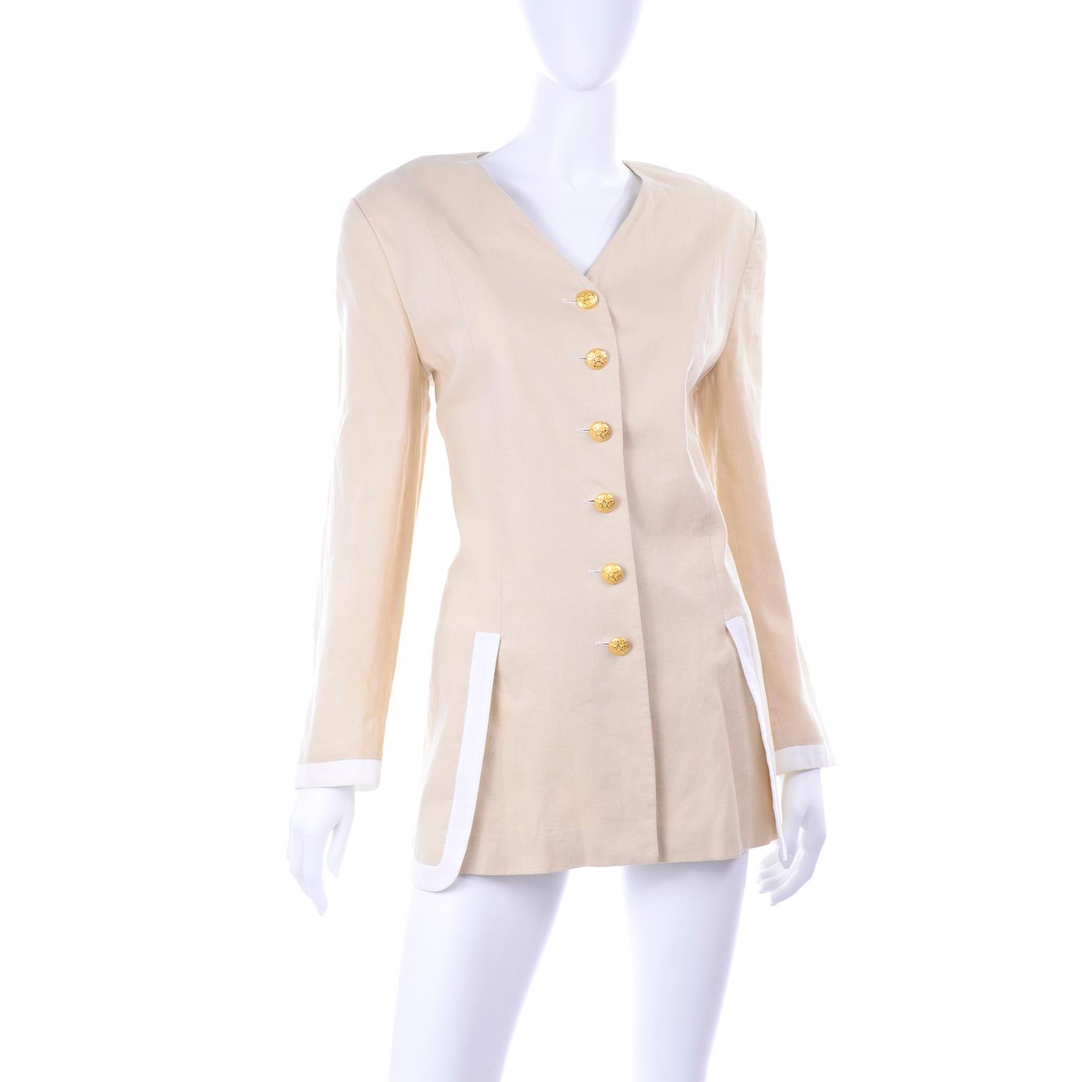 Women's Margaretha Ley Vintage Escada Linen Blazer Jacket with White Trim & Gold Buttons