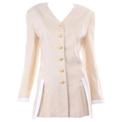 Margaretha Ley Vintage Escada Linen Blazer Jacket with White Trim & Gold Buttons