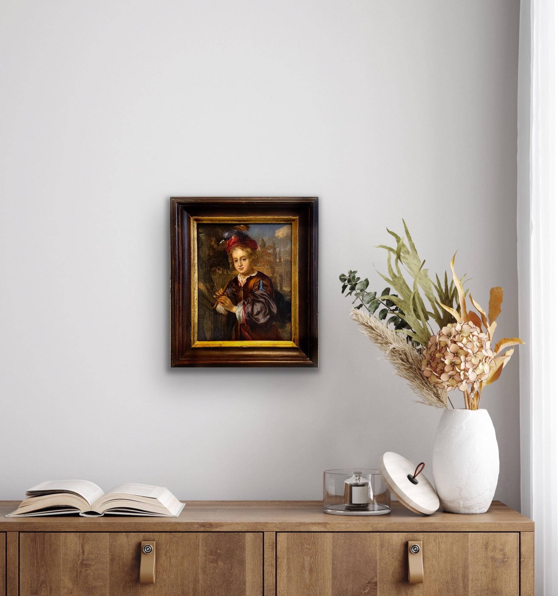 Tableau du 18e siècle - Un garçon jouant de la flûte - Femme vieux Masterly en vente 2