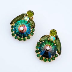 Margarita Green Crystal Juliana Flower Earrings By DeLizza & Elster, 1960s