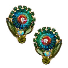 Margarita Green Crystal Juliana Flower Earrings By DeLizza & Elster, 1960s