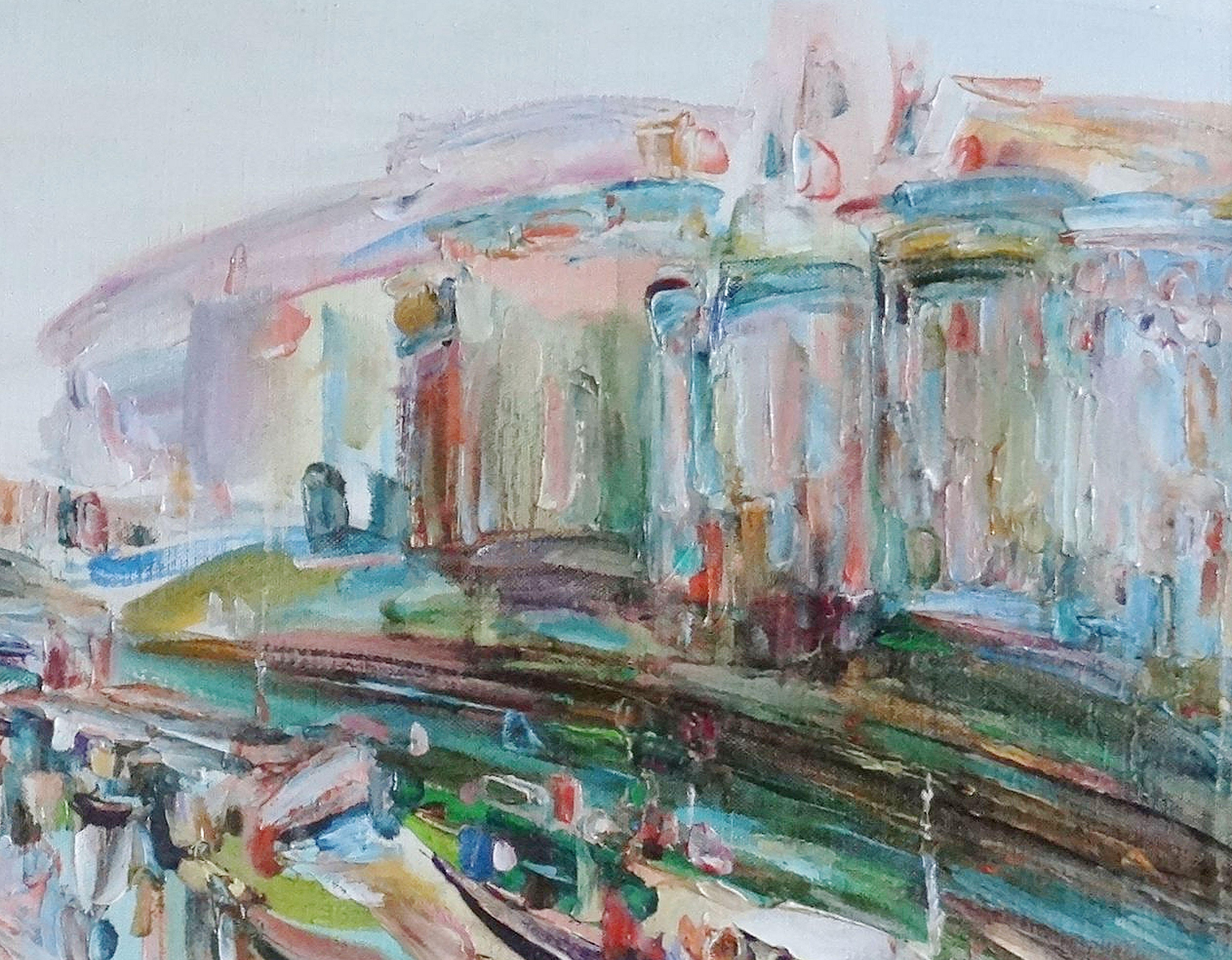 Canal en París. 1994, lienzo, óleo, 70x70 cm - Landscape Painting Gris de Margarita Levin