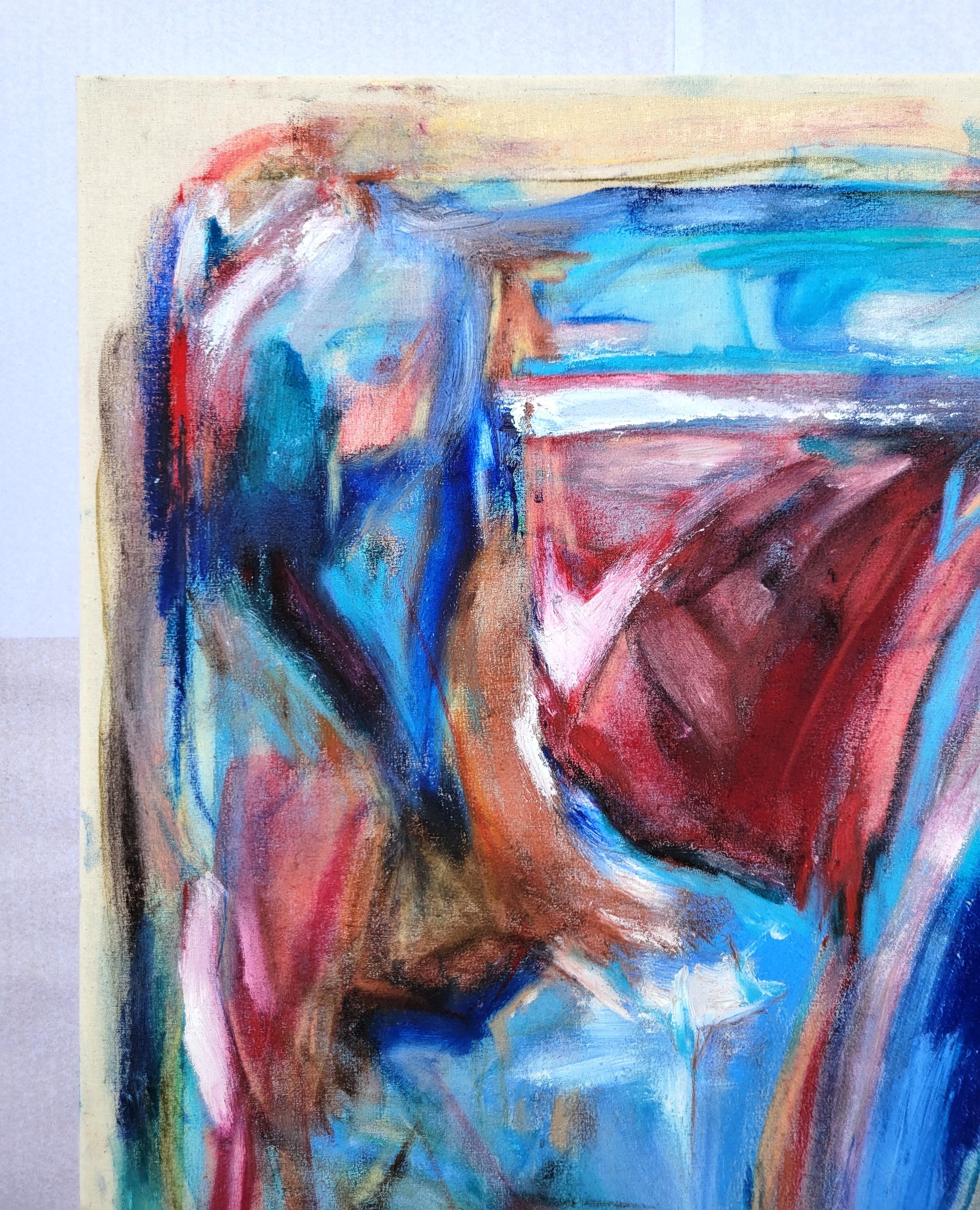 Rote rechte Hand /// Abstrakter Expressionismus Blau Rot Künstlerin Malerei Leinwand (Grau), Abstract Painting, von Margaux Halloran