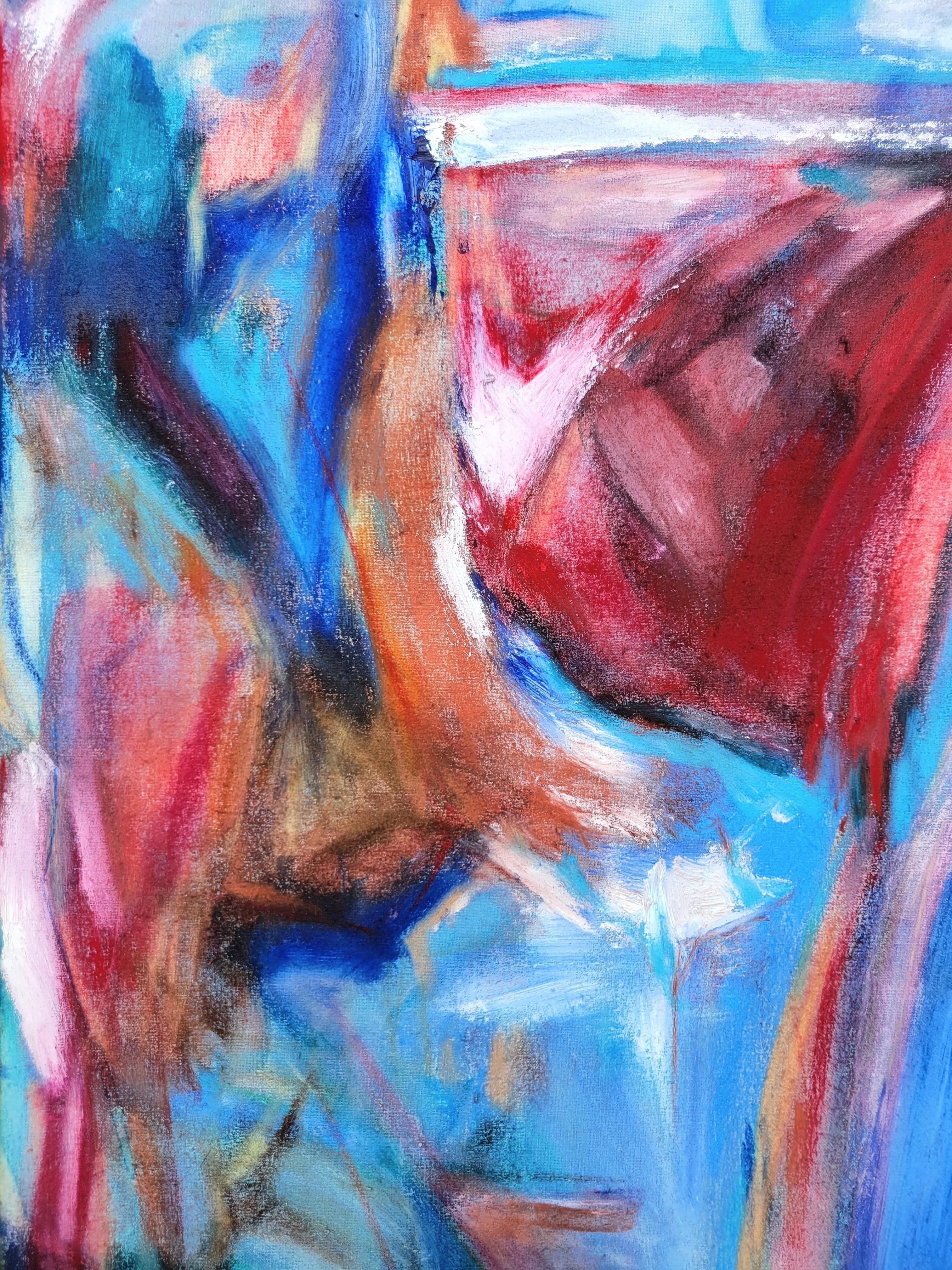 Rote rechte Hand /// Abstrakter Expressionismus Blau Rot Künstlerin Malerei Leinwand im Angebot 4