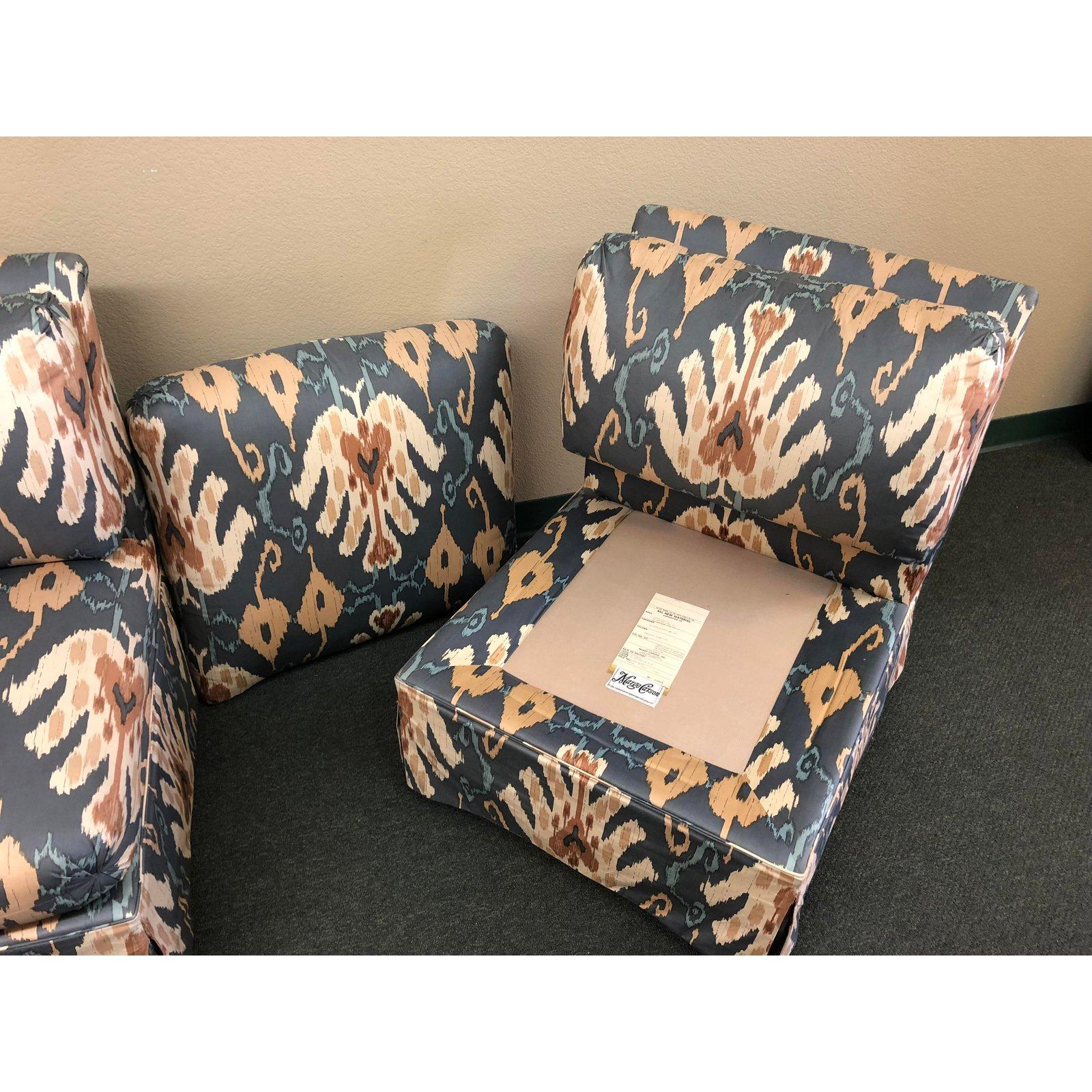 Hollywood Regency Marge Carson Blue and Ivory Ikat Print Club Chairs, a Pair For Sale
