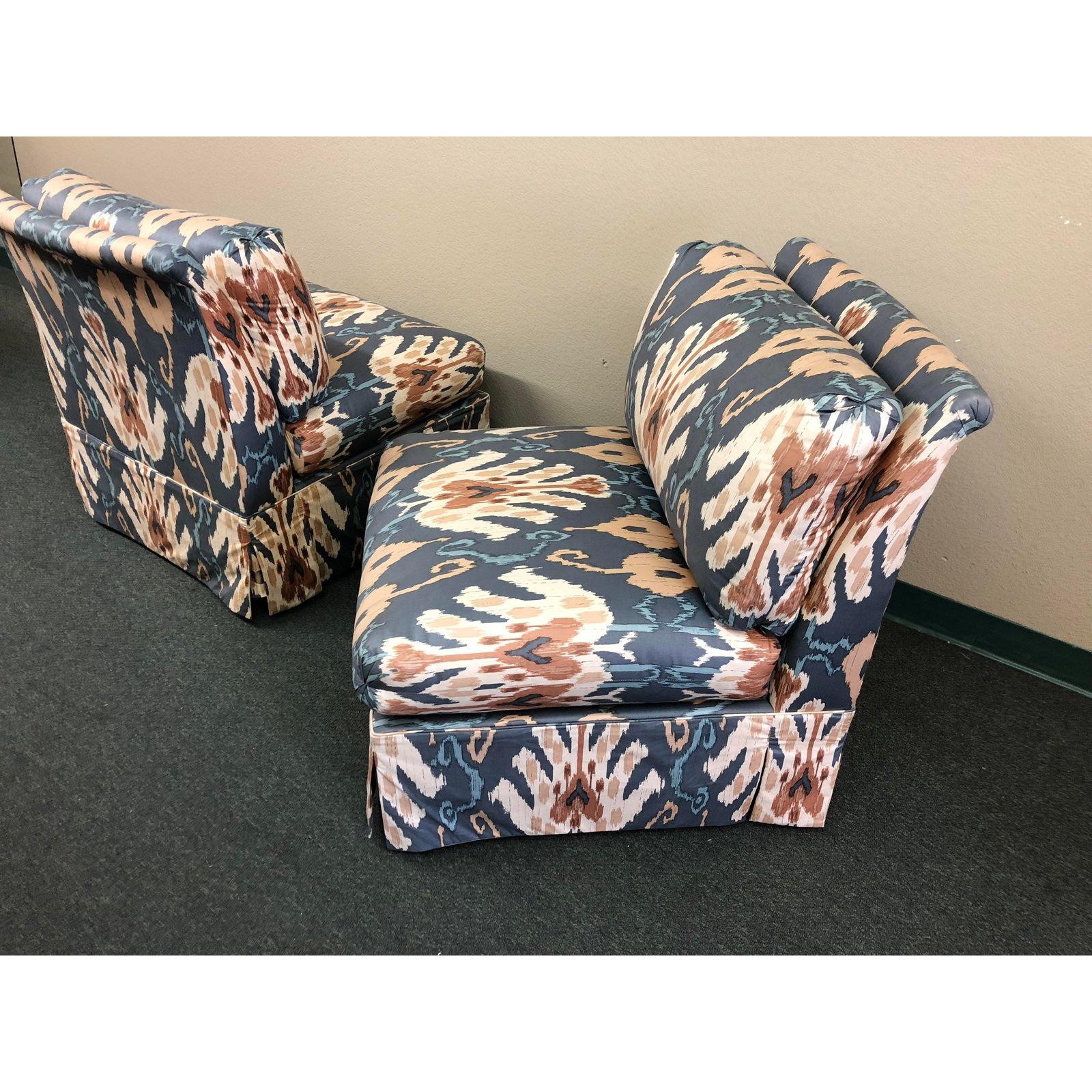 American Marge Carson Blue and Ivory Ikat Print Club Chairs, a Pair For Sale