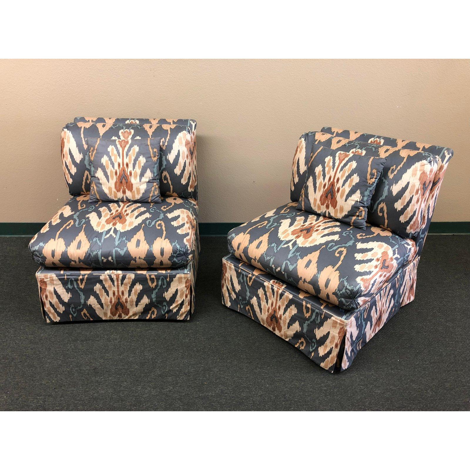 Fabric Marge Carson Blue and Ivory Ikat Print Club Chairs, a Pair For Sale