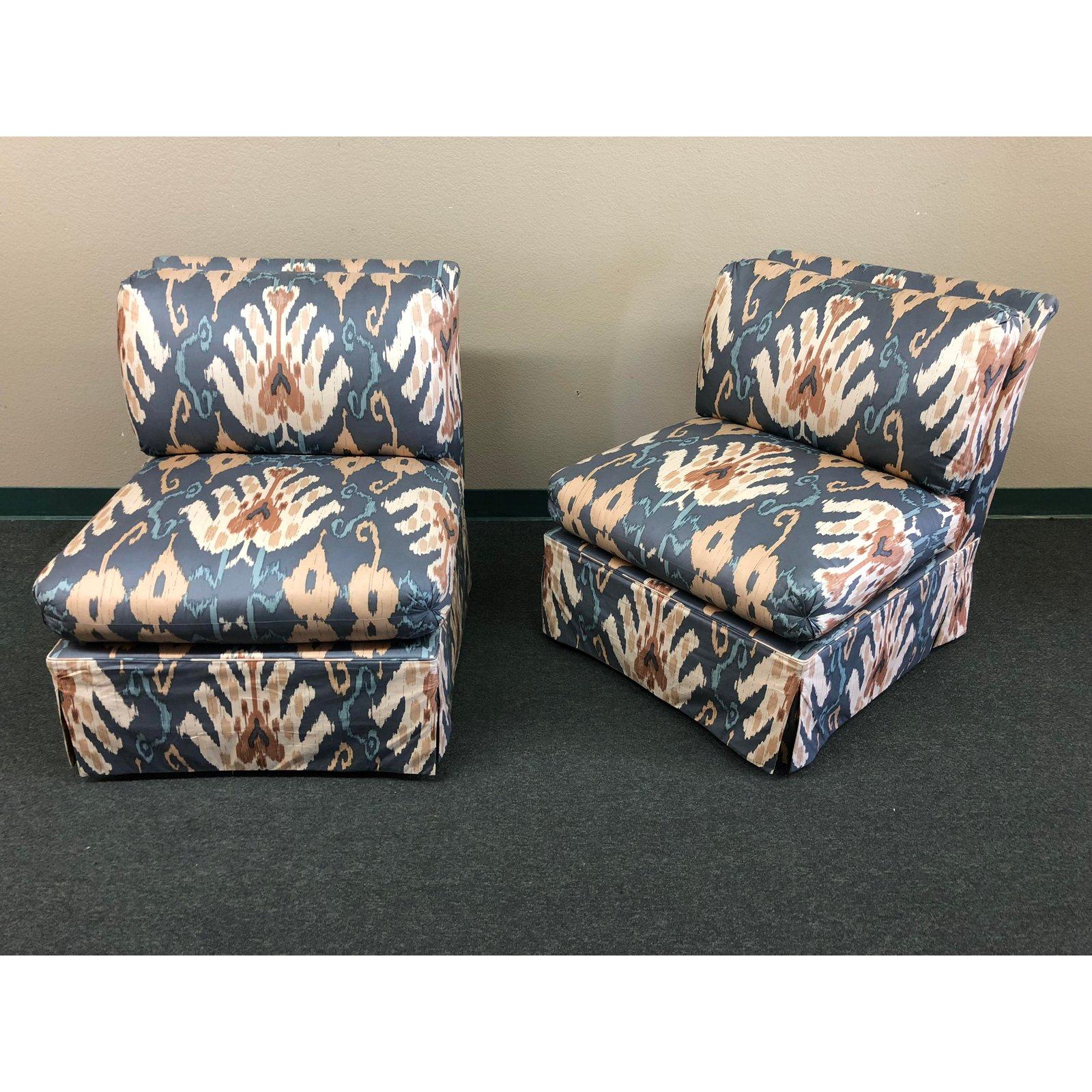 Marge Carson Blue and Ivory Ikat Print Club Chairs, a Pair For Sale 1