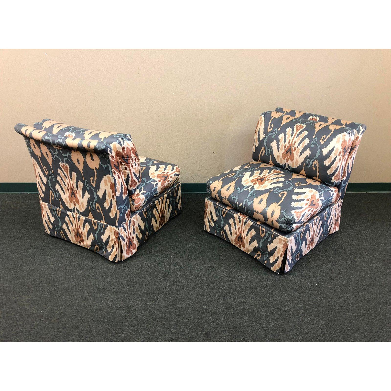 Marge Carson Blue and Ivory Ikat Print Club Chairs, a Pair For Sale 2