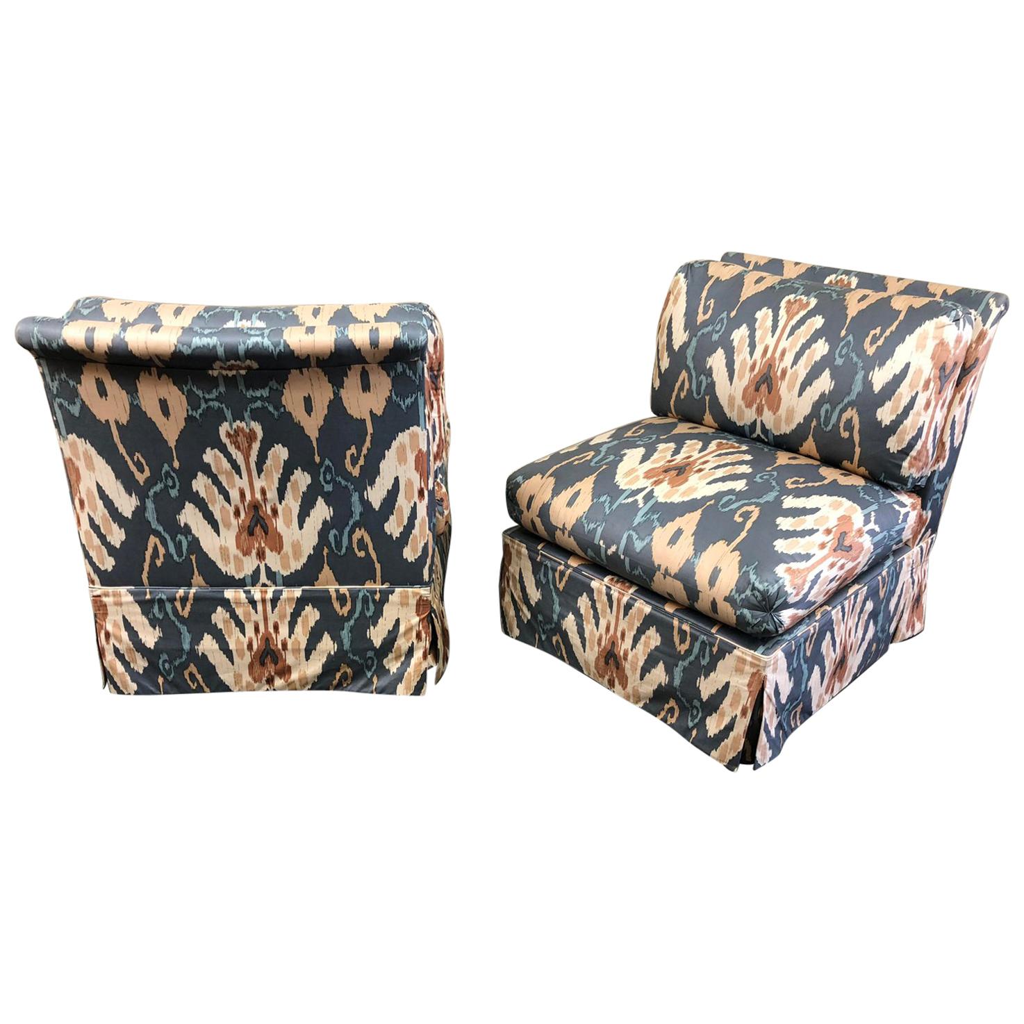 Marge Carson Blue and Ivory Ikat Print Club Chairs, a Pair For Sale