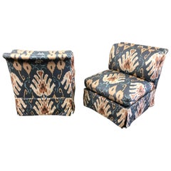 Marge Carson Blue and Ivory Ikat Print Club Chairs, a Pair