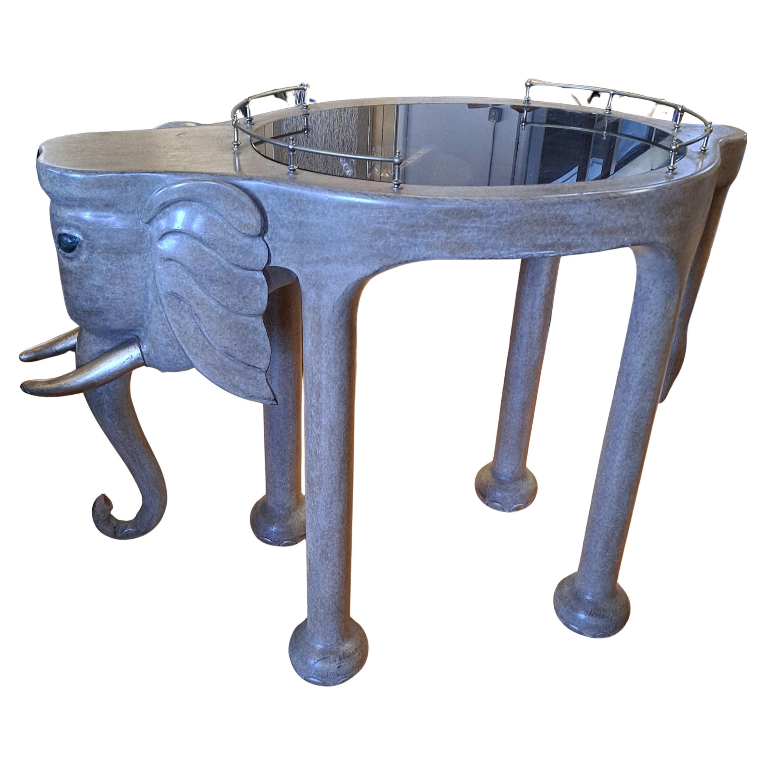 Marge Carson Elephant Bar Cart on Casters, Inset Smoky Glass, and Brass Rails