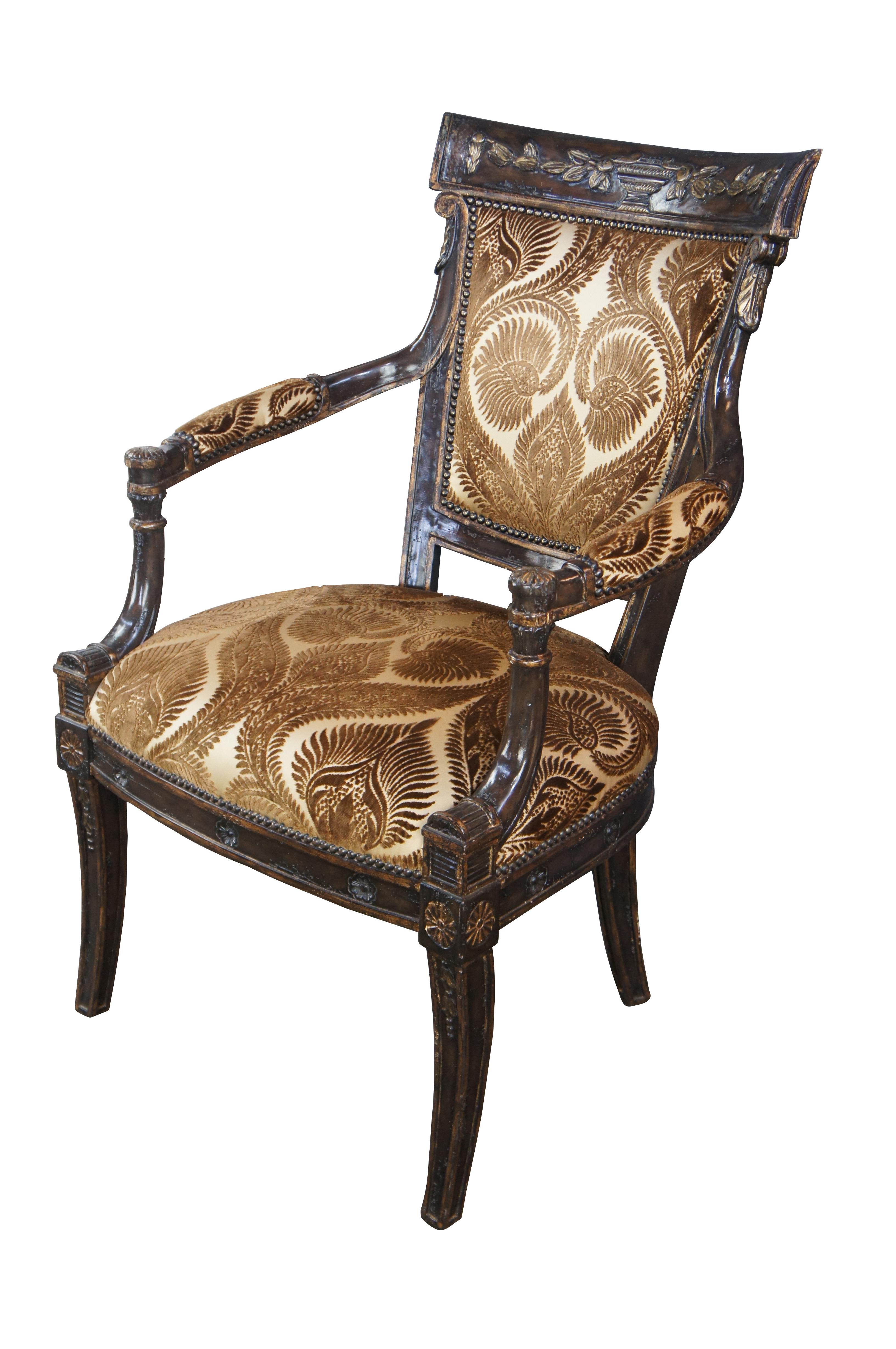 Marge Carson French Empire Regency Style Gold Upholstered Library Arm Chair In Good Condition For Sale In Dayton, OH