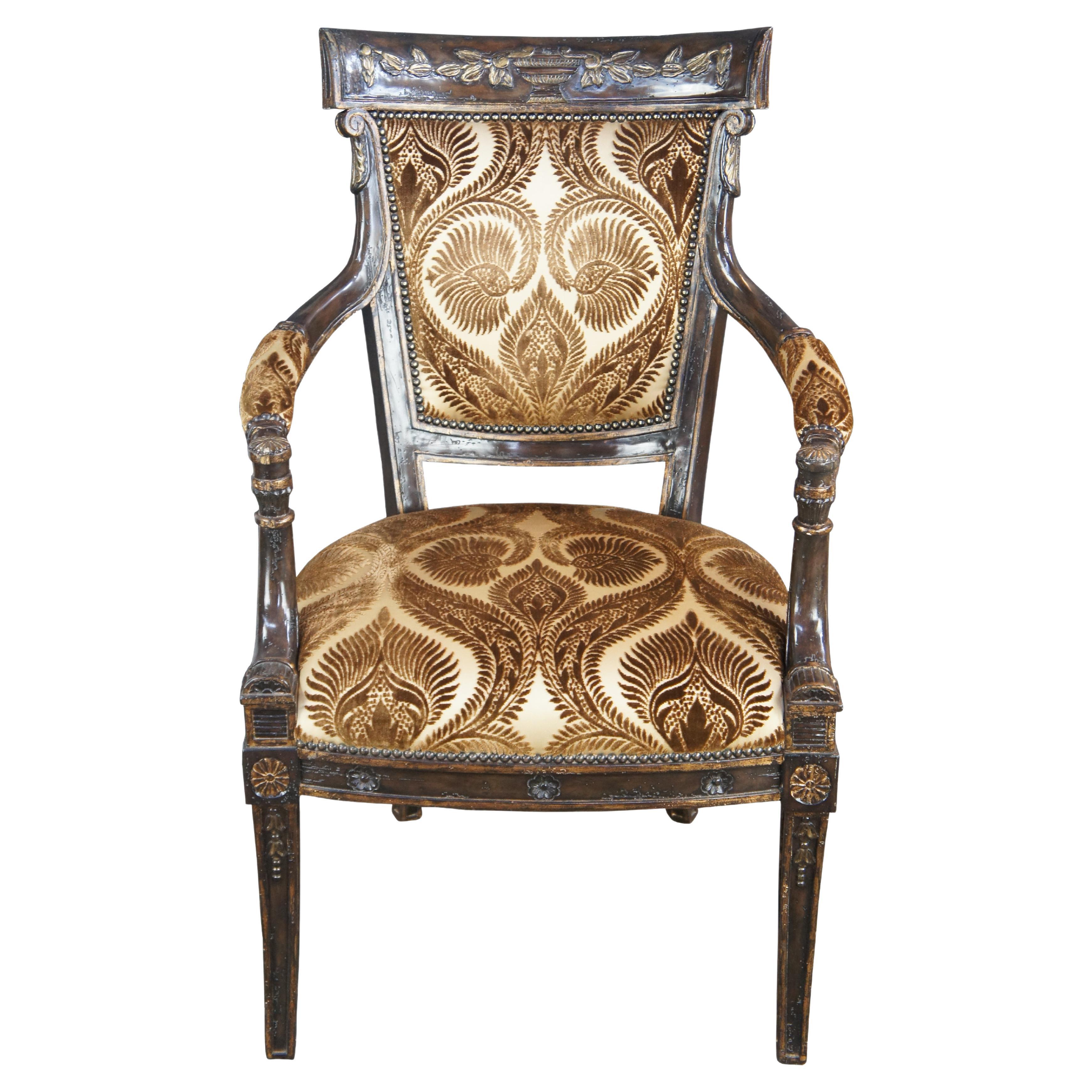 Marge Carson French Empire Regency Style Gold Upholstered Library Arm Chair For Sale