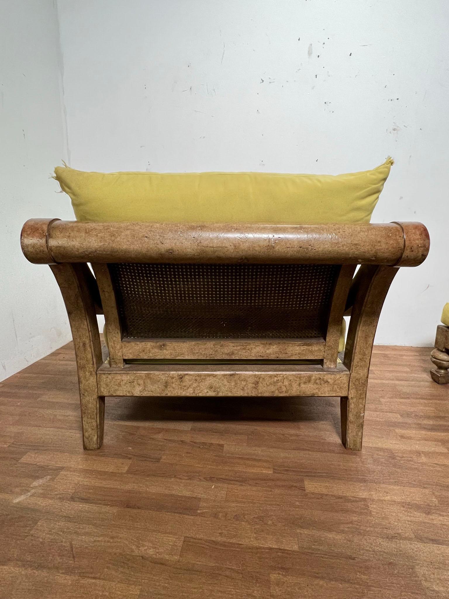 Upholstery Marge Carson Oversized Burl Wood and Cane Lounge With Ottoman Circa 1980s For Sale
