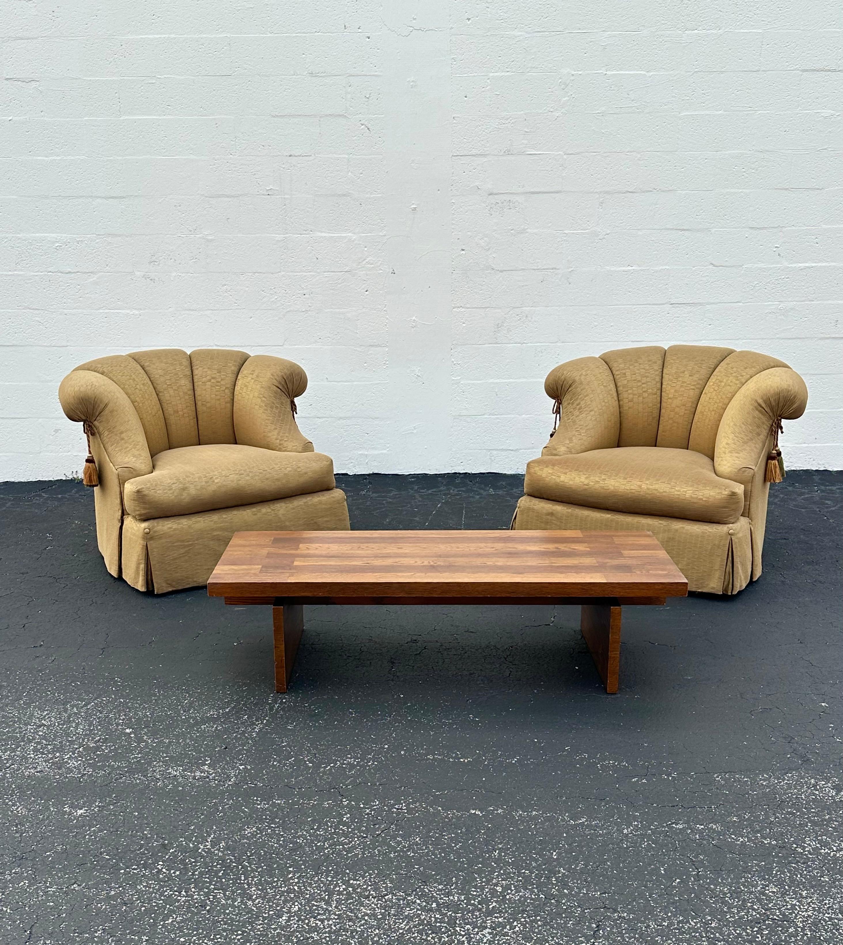 Marge Carson Large Silk Down Tufted Olive Gold Swivel Barrel  Chairs, Set of 2 For Sale 3