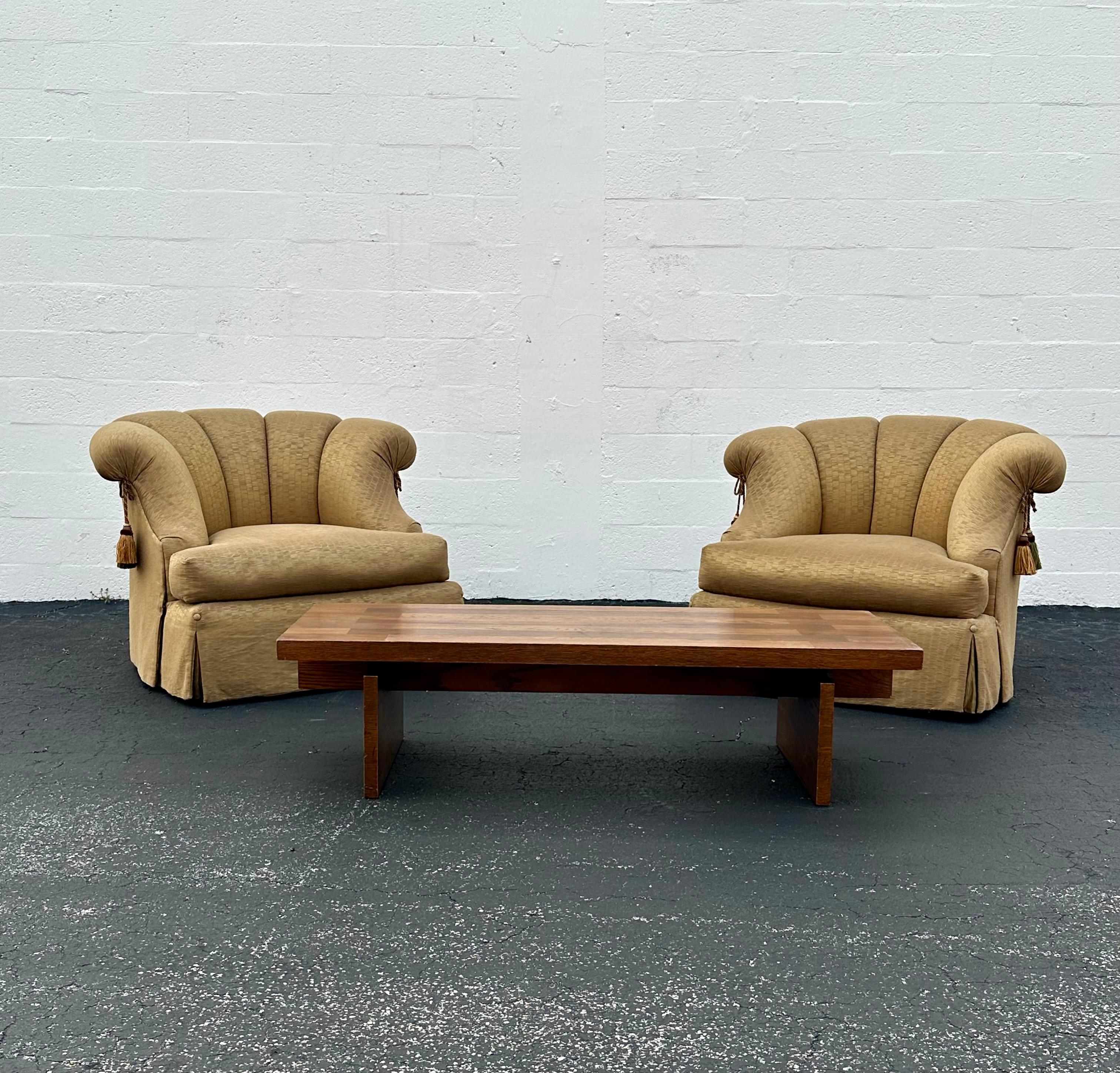 Marge Carson Large Silk Down Tufted Olive Gold Swivel Barrel  Chairs, Set of 2 For Sale 4
