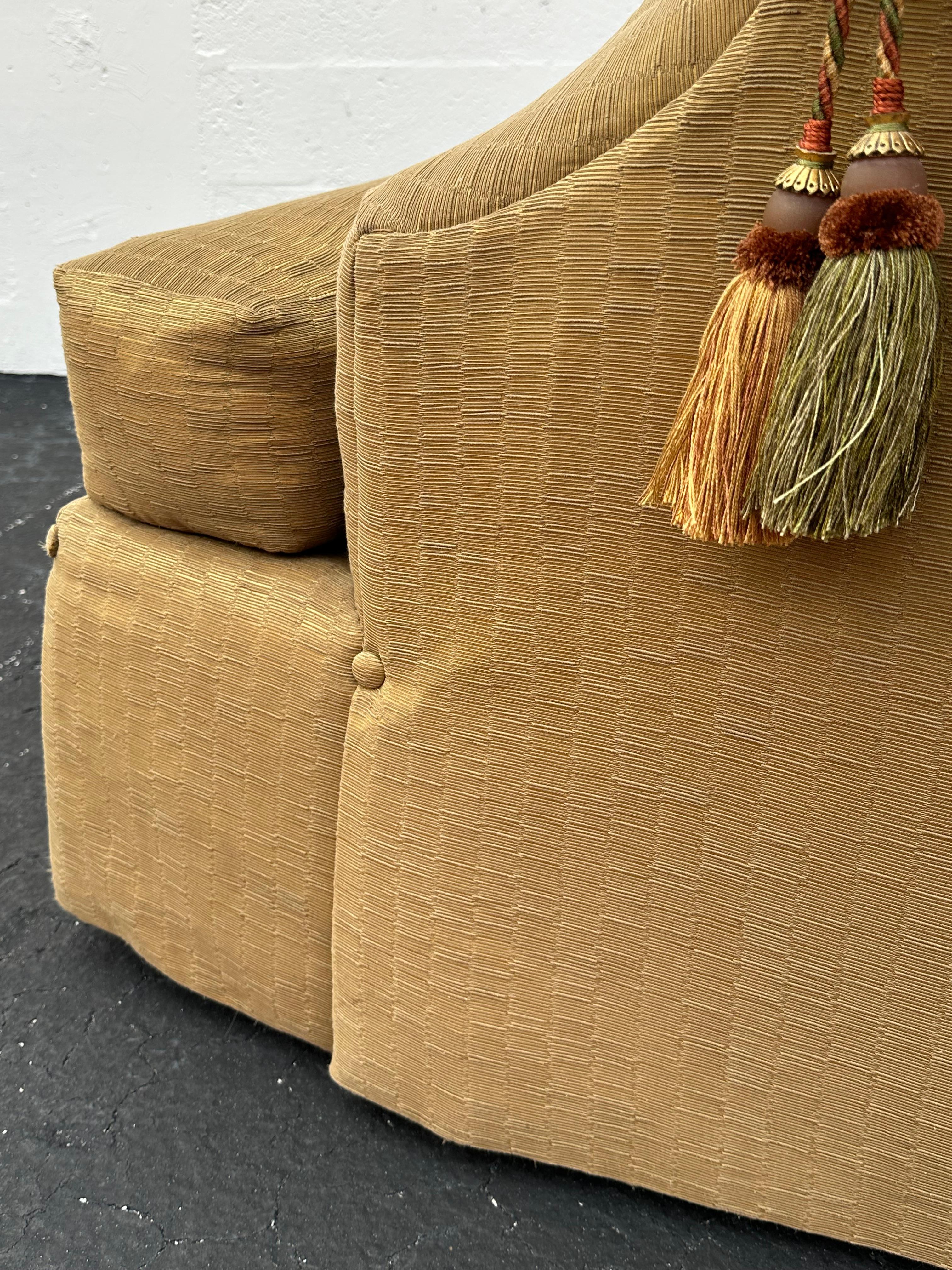 Marge Carson Large Silk Down Tufted Olive Gold Swivel Barrel  Chairs, Set of 2 For Sale 5