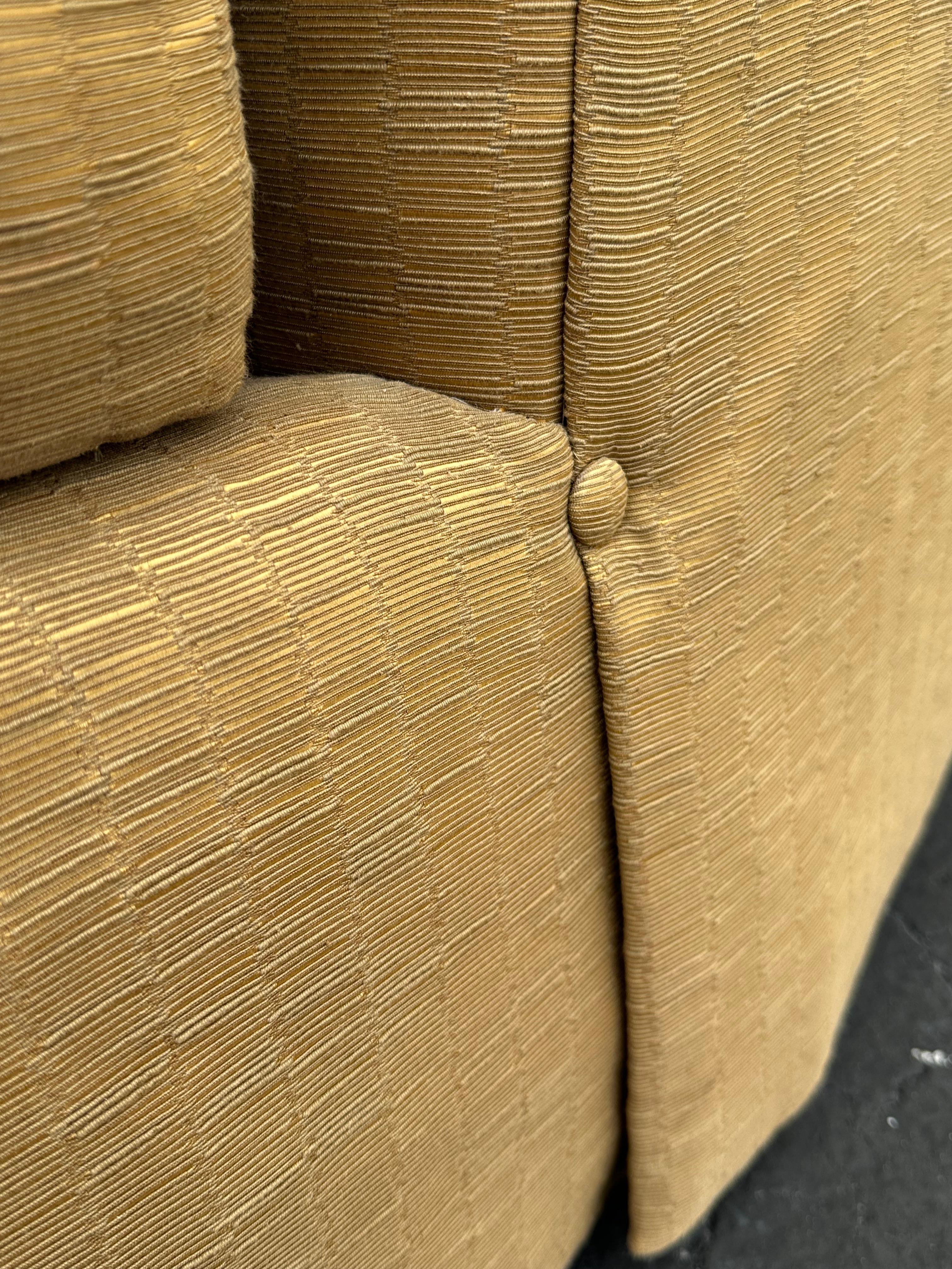 Marge Carson Large Silk Down Tufted Olive Gold Swivel Barrel  Chairs, Set of 2 For Sale 7