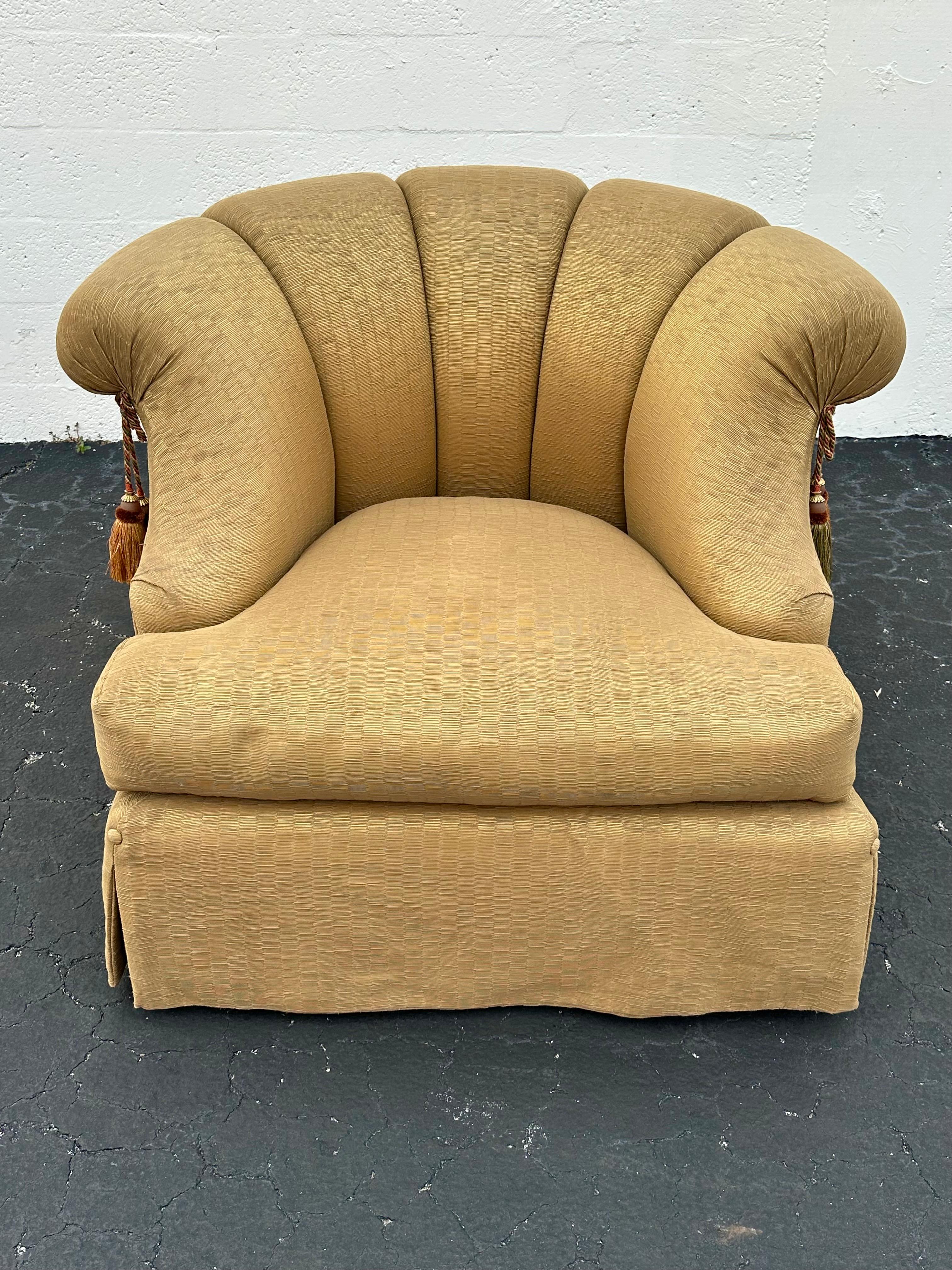 Hollywood Regency Marge Carson Large Silk Down Tufted Olive Gold Swivel Barrel  Chairs, Set of 2 For Sale