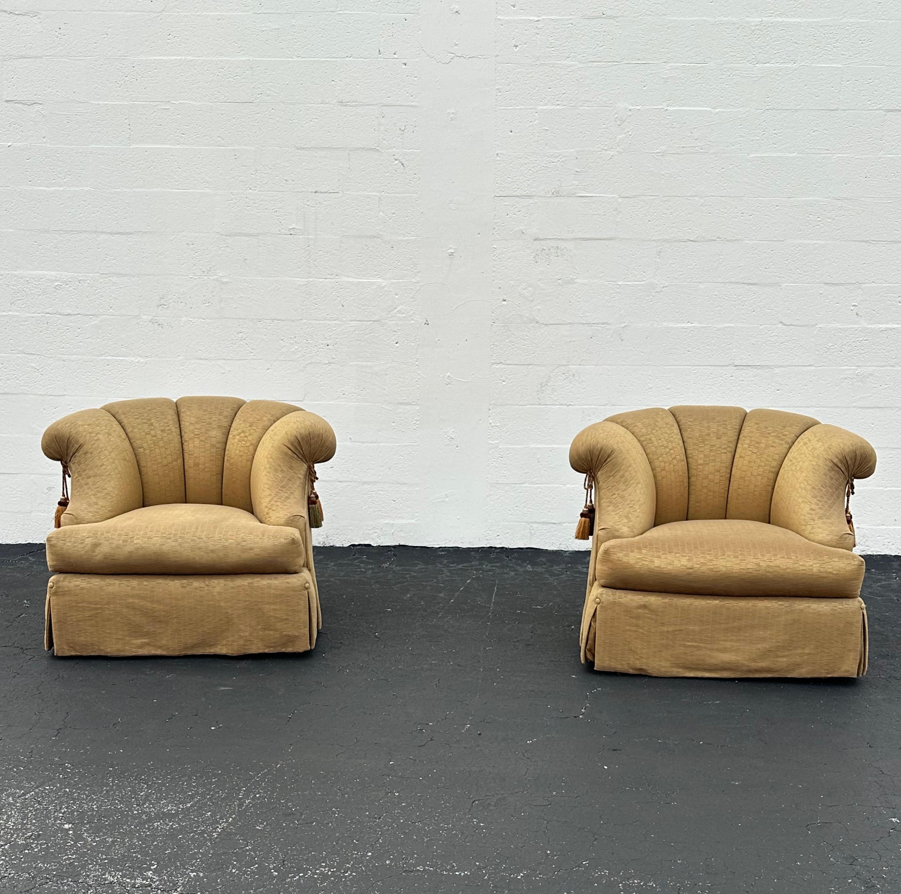 American Marge Carson Large Silk Down Tufted Olive Gold Swivel Barrel  Chairs, Set of 2 For Sale