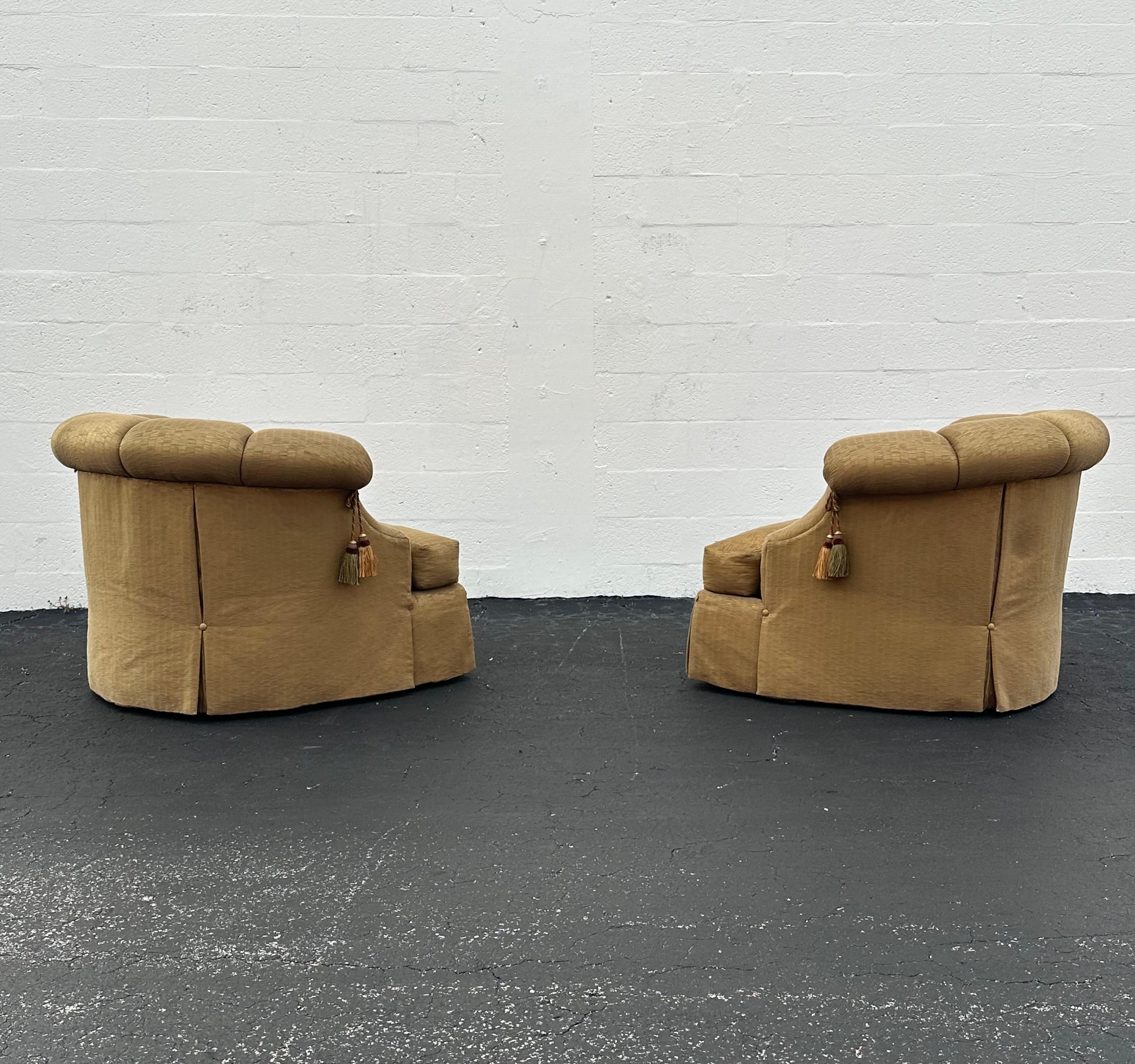 Marge Carson Large Silk Down Tufted Olive Gold Swivel Barrel  Chairs, Set of 2 In Good Condition For Sale In Fort Lauderdale, FL