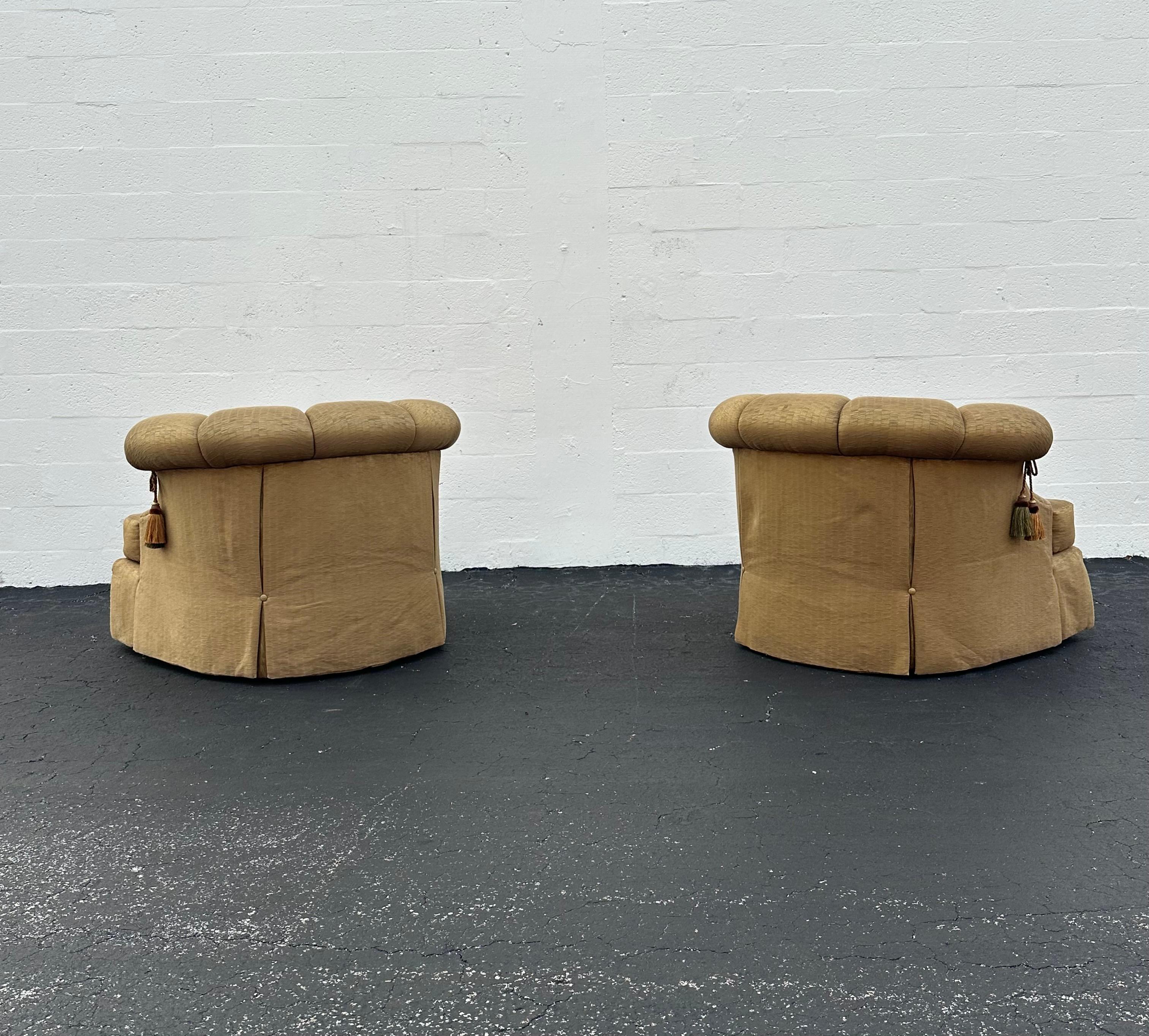 Contemporary Marge Carson Large Silk Down Tufted Olive Gold Swivel Barrel  Chairs, Set of 2 For Sale