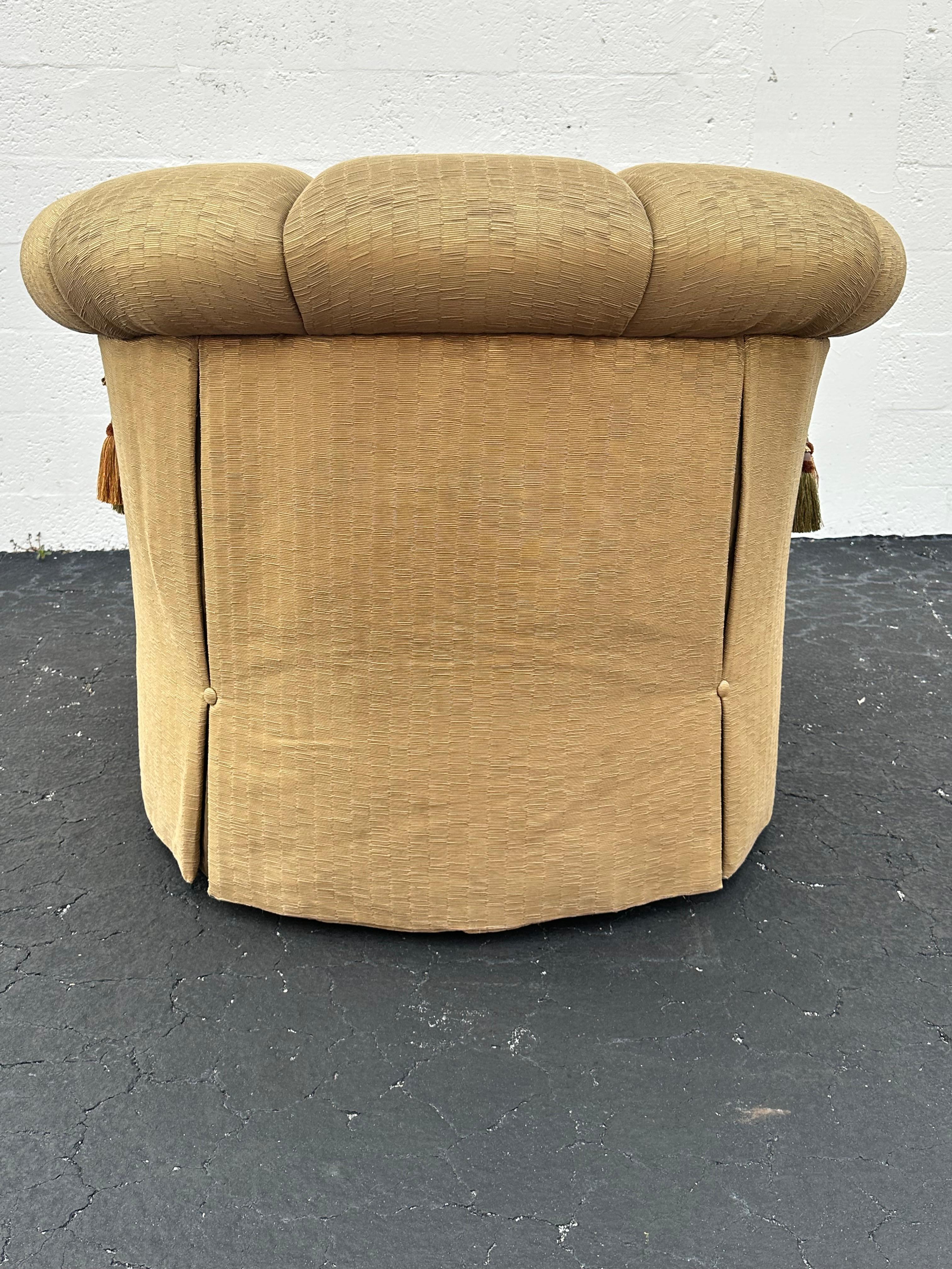 Upholstery Marge Carson Large Silk Down Tufted Olive Gold Swivel Barrel  Chairs, Set of 2 For Sale