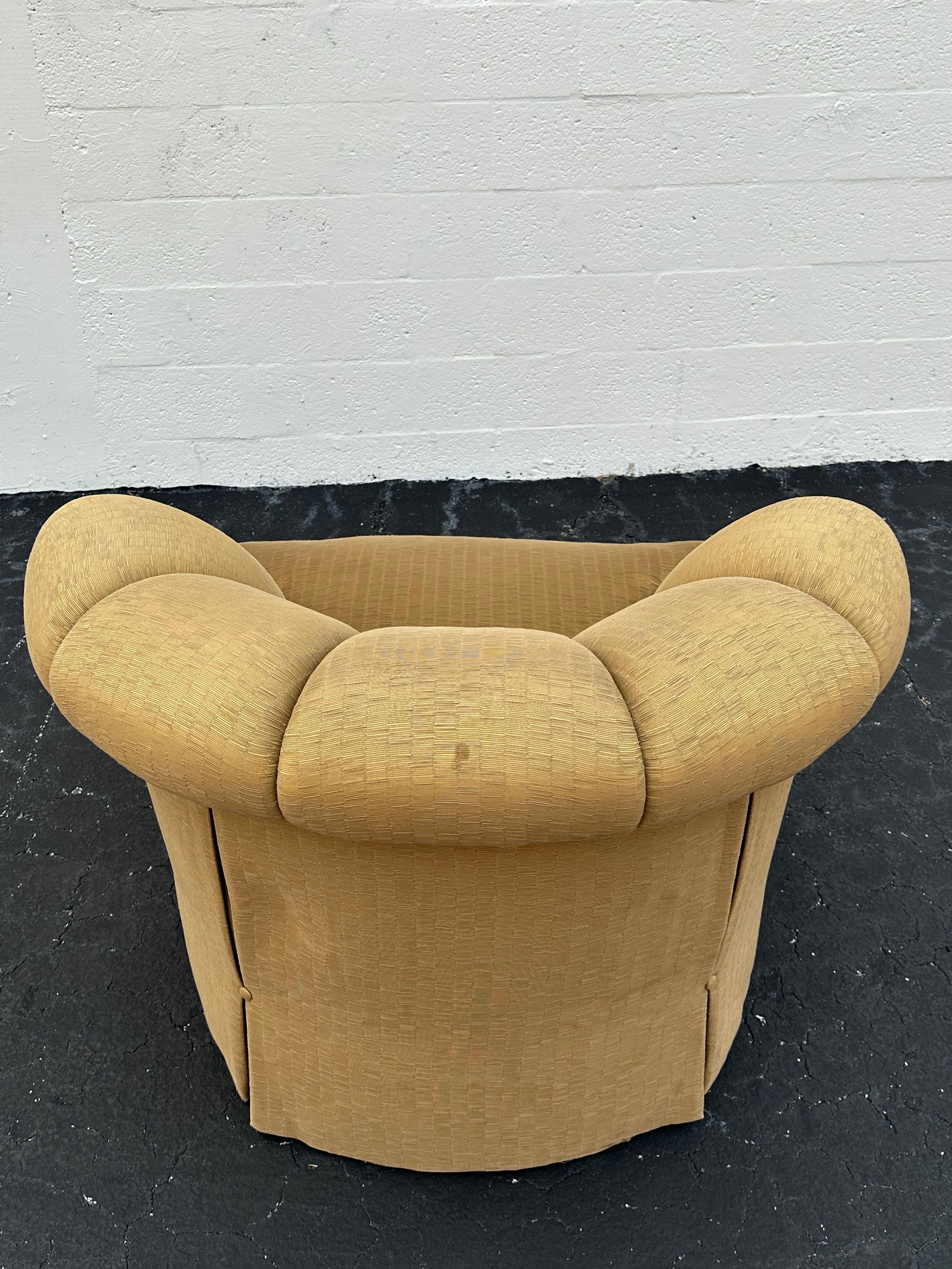 Marge Carson Large Silk Down Tufted Olive Gold Swivel Barrel  Chairs, Set of 2 For Sale 1