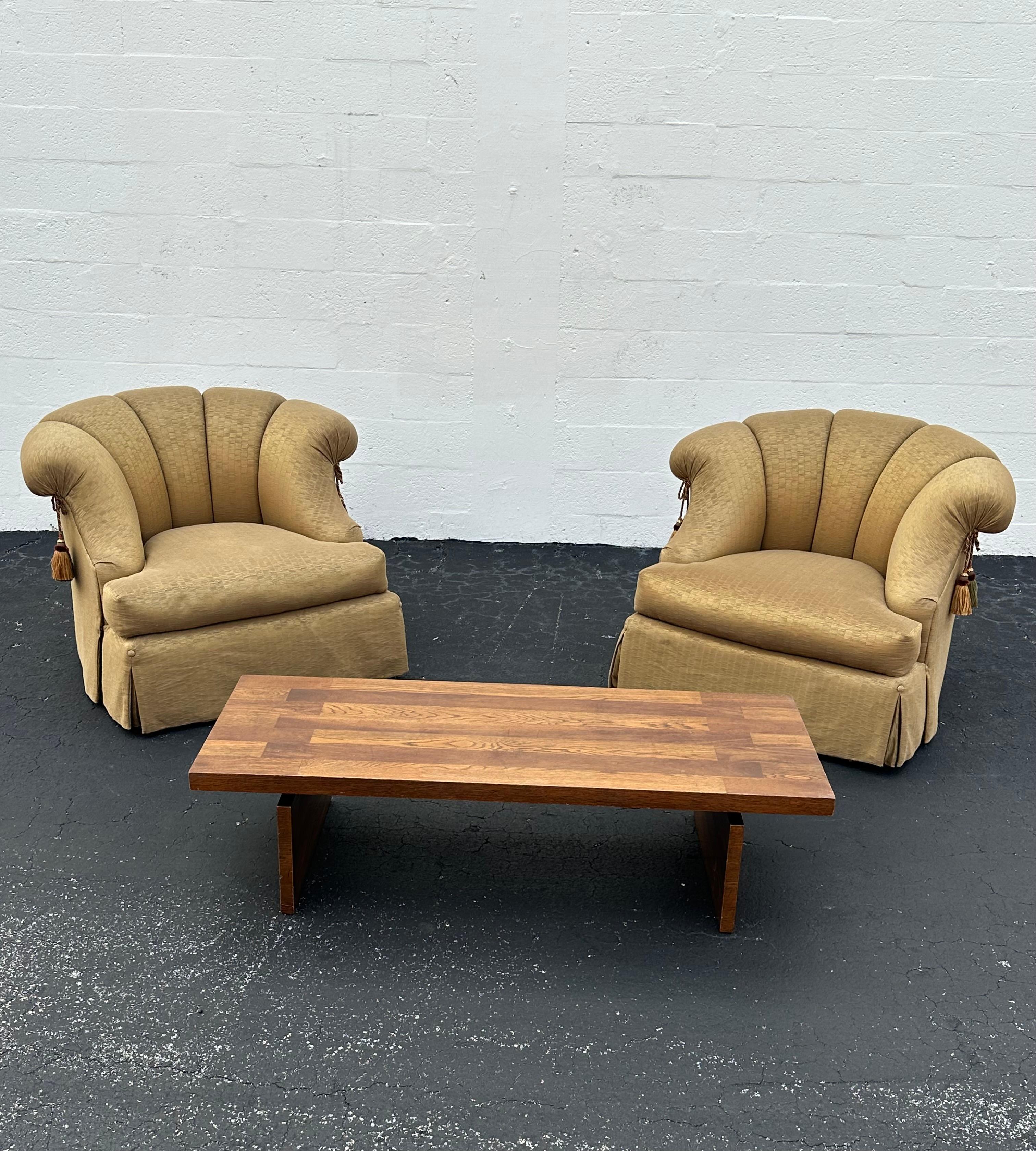 Marge Carson Large Silk Down Tufted Olive Gold Swivel Barrel  Chairs, Set of 2 For Sale 2