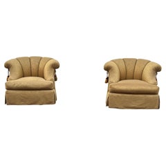 Marge Carson Large Silk Down Tufted Olive Gold Swivel Barrel  Chairs, Set of 2