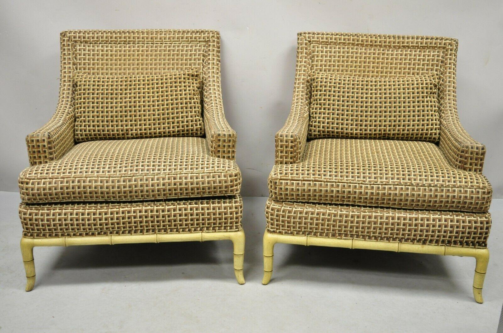 Marge Carson Vintage Faux Bamboo Hollywood Regency Lounge Club Chairs - a Pair. Item features shapely carved wood faux bamboo legs and base, sculptural sloping arms, very comfortable forms, solid wood frames, original label, quality American