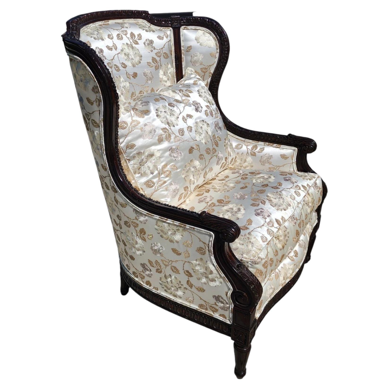 Marge Carson Wingback Chair Embroidered Silk with 7 Pillows For Sale