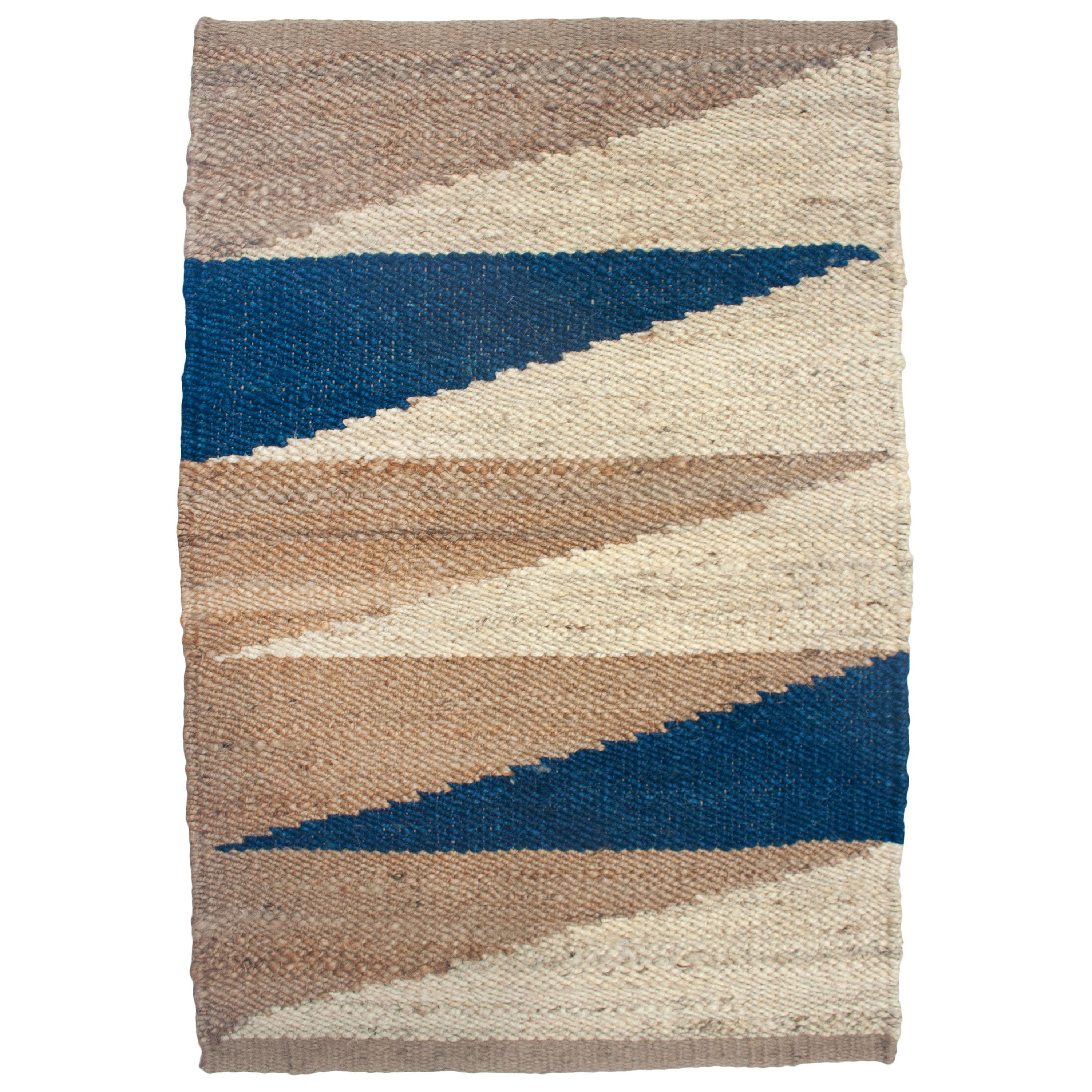 Margeaux Landscape Blue Geometric Handwoven Modern Jute Rug, Carpet and Durrie For Sale