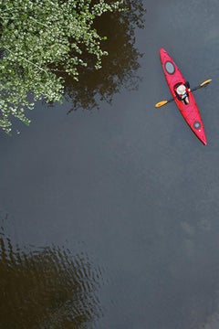 Swan Lake - Nature figure in red kayak on blue water with inflatable white swans